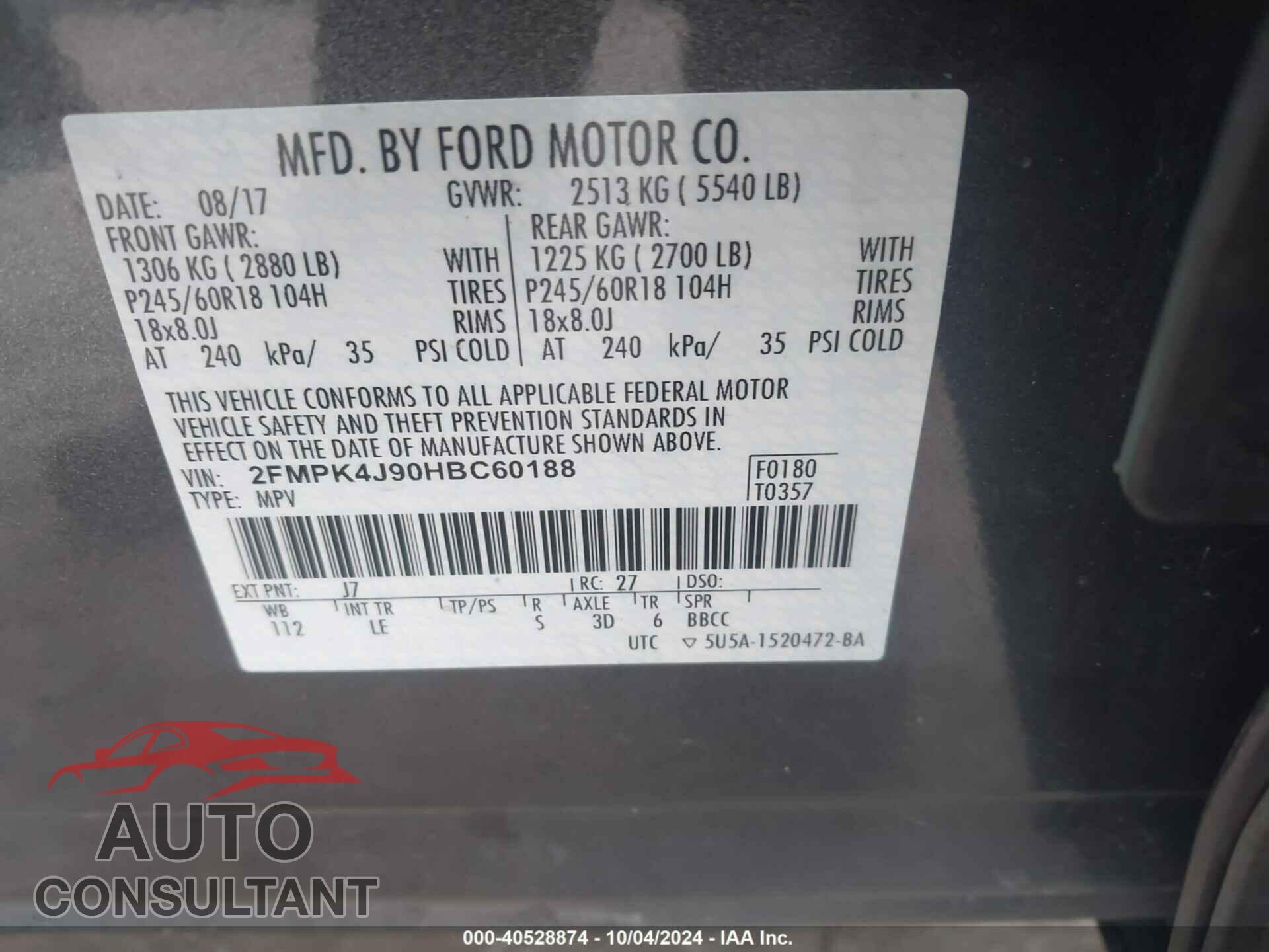 FORD EDGE 2017 - 2FMPK4J90HBC60188