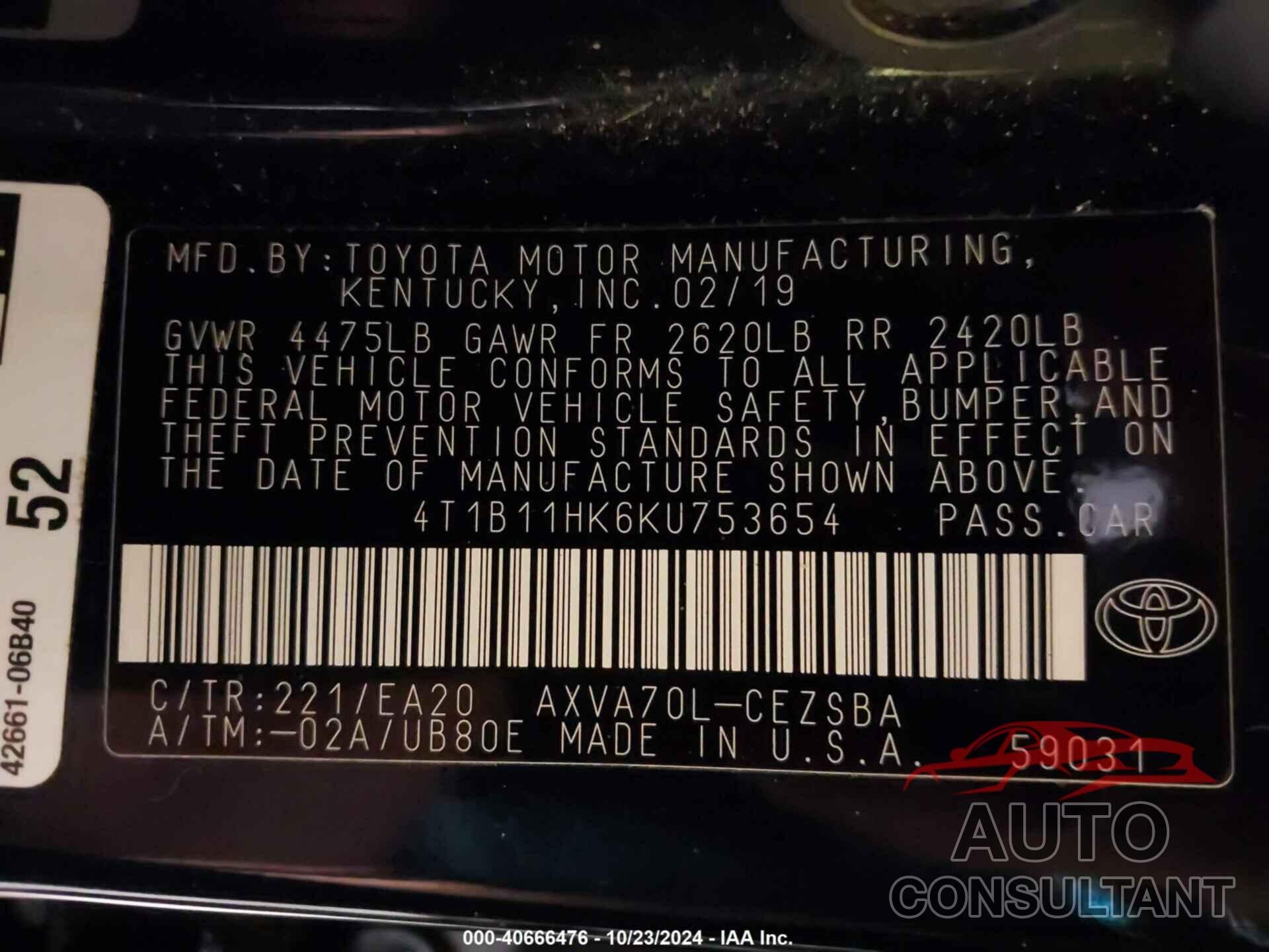 TOYOTA CAMRY 2019 - 4T1B11HK6KU753654