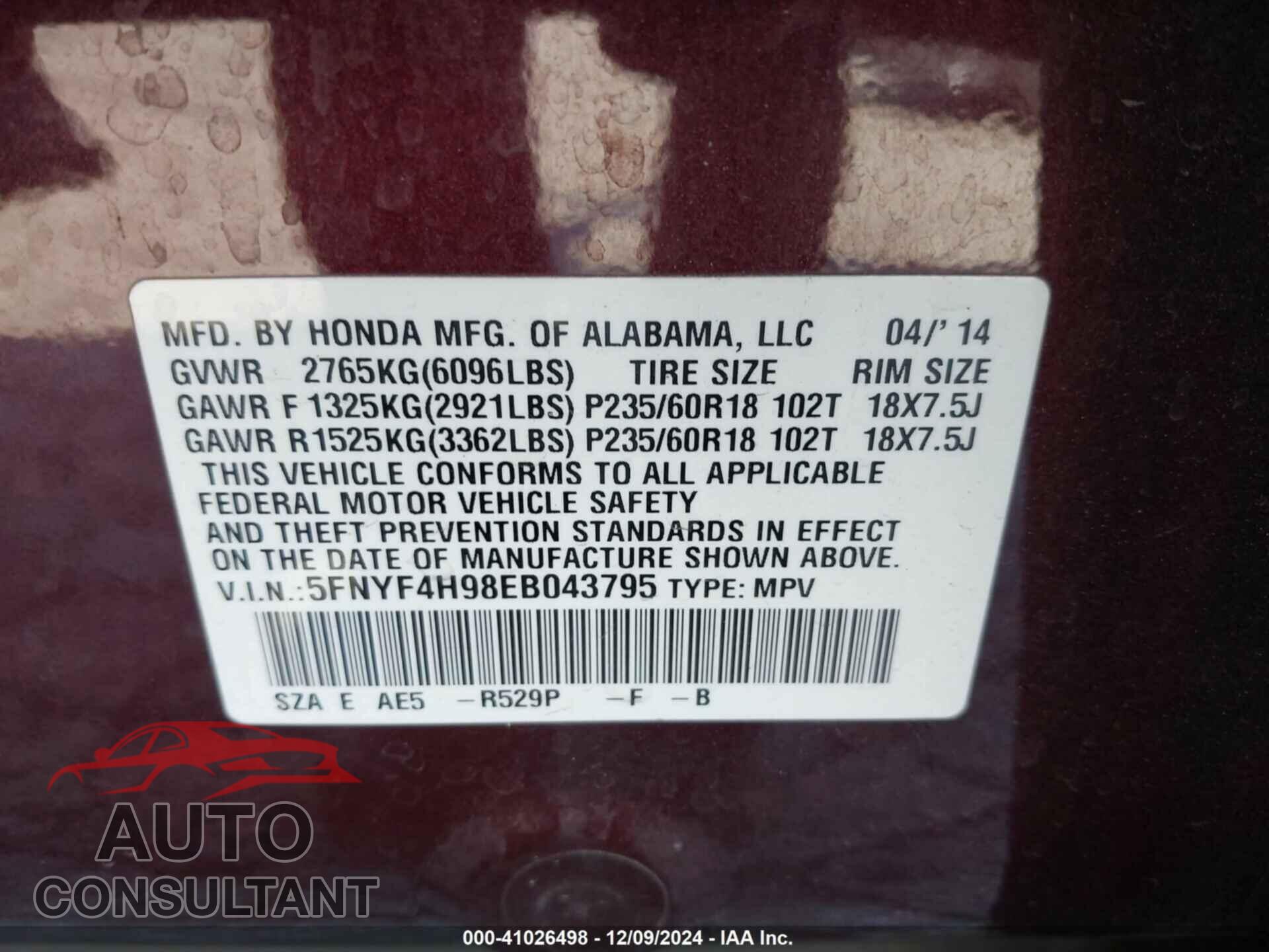 HONDA PILOT 2014 - 5FNYF4H98EB043795