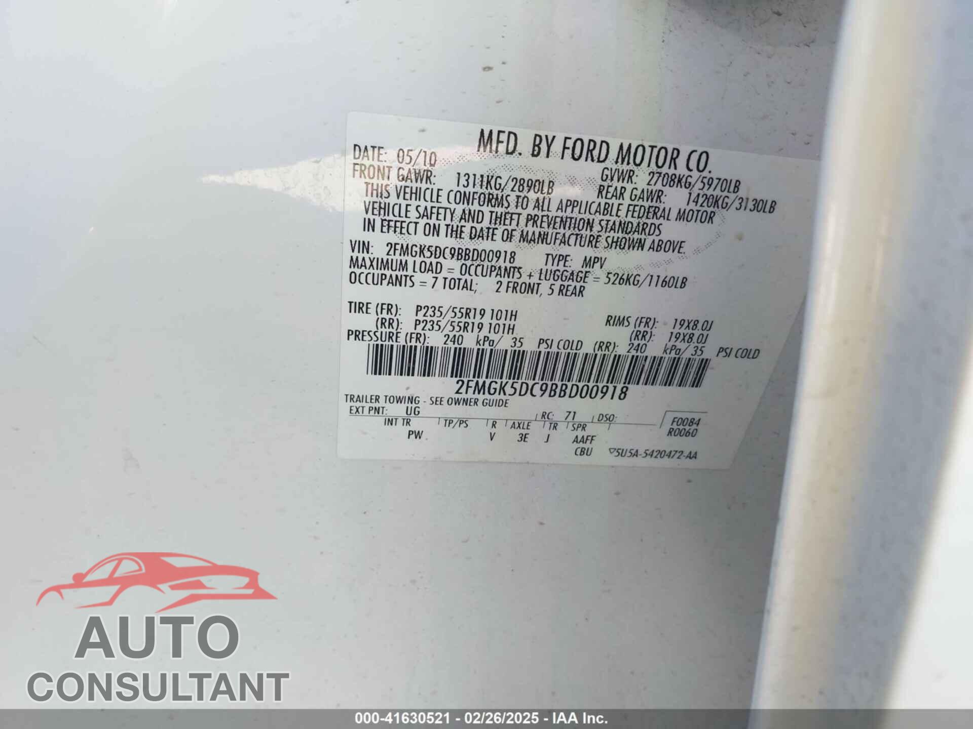 FORD FLEX 2011 - 2FMGK5DC9BBD00918