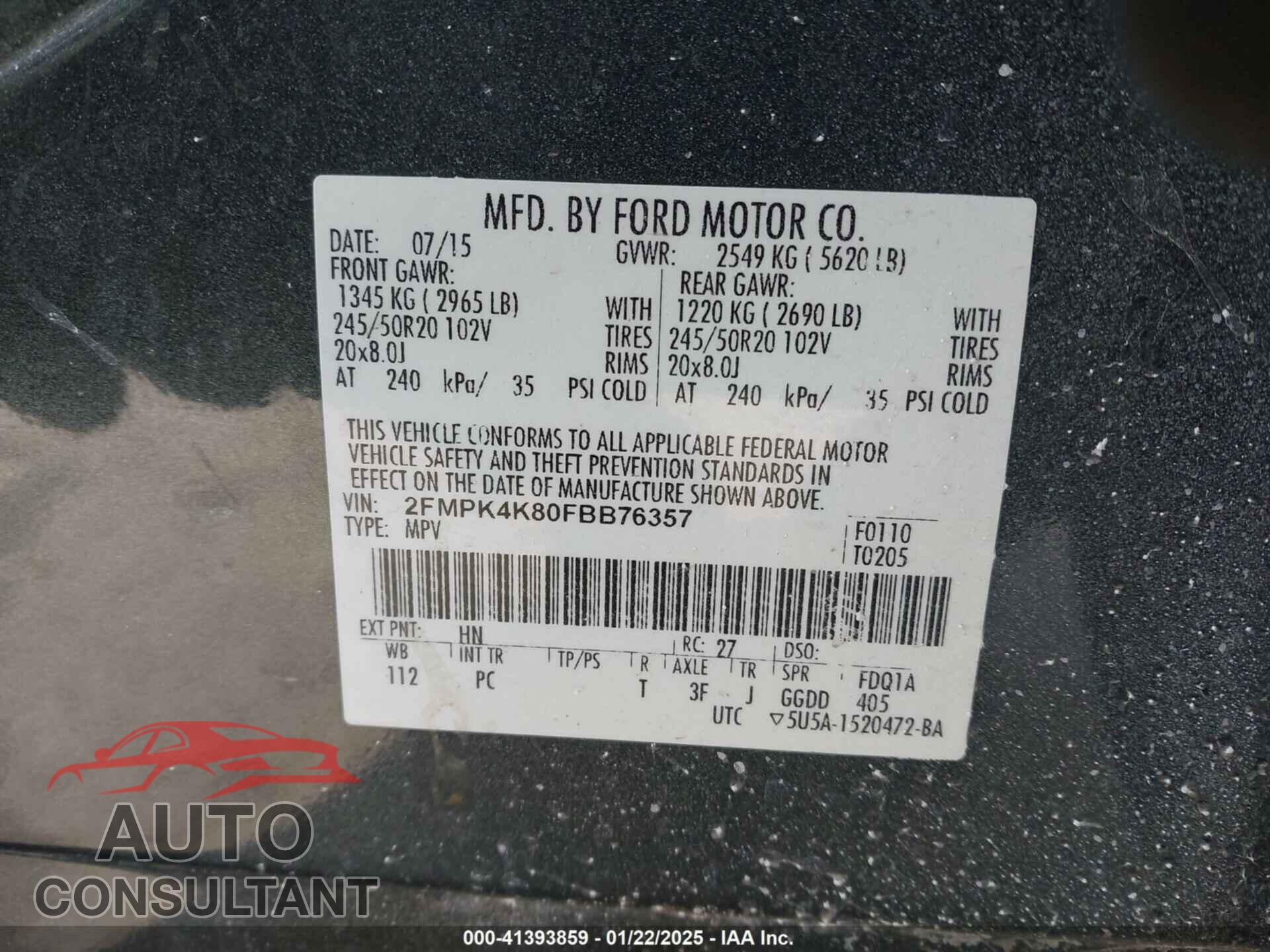 FORD EDGE 2015 - 2FMPK4K80FBB76357