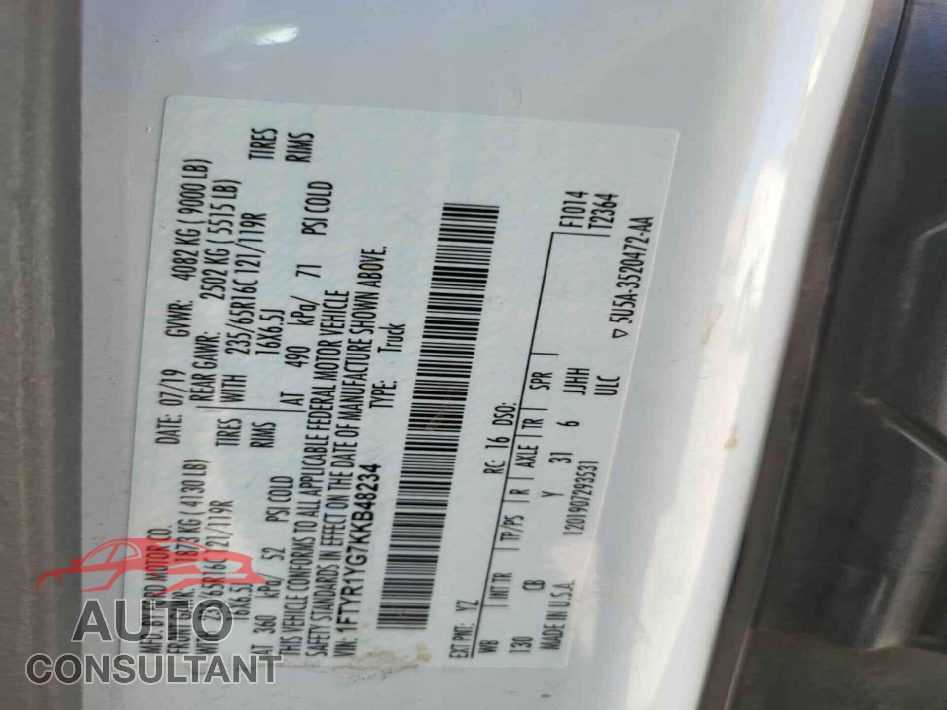 FORD TRANSIT 2019 - 1FTYR1YG7KKB48234