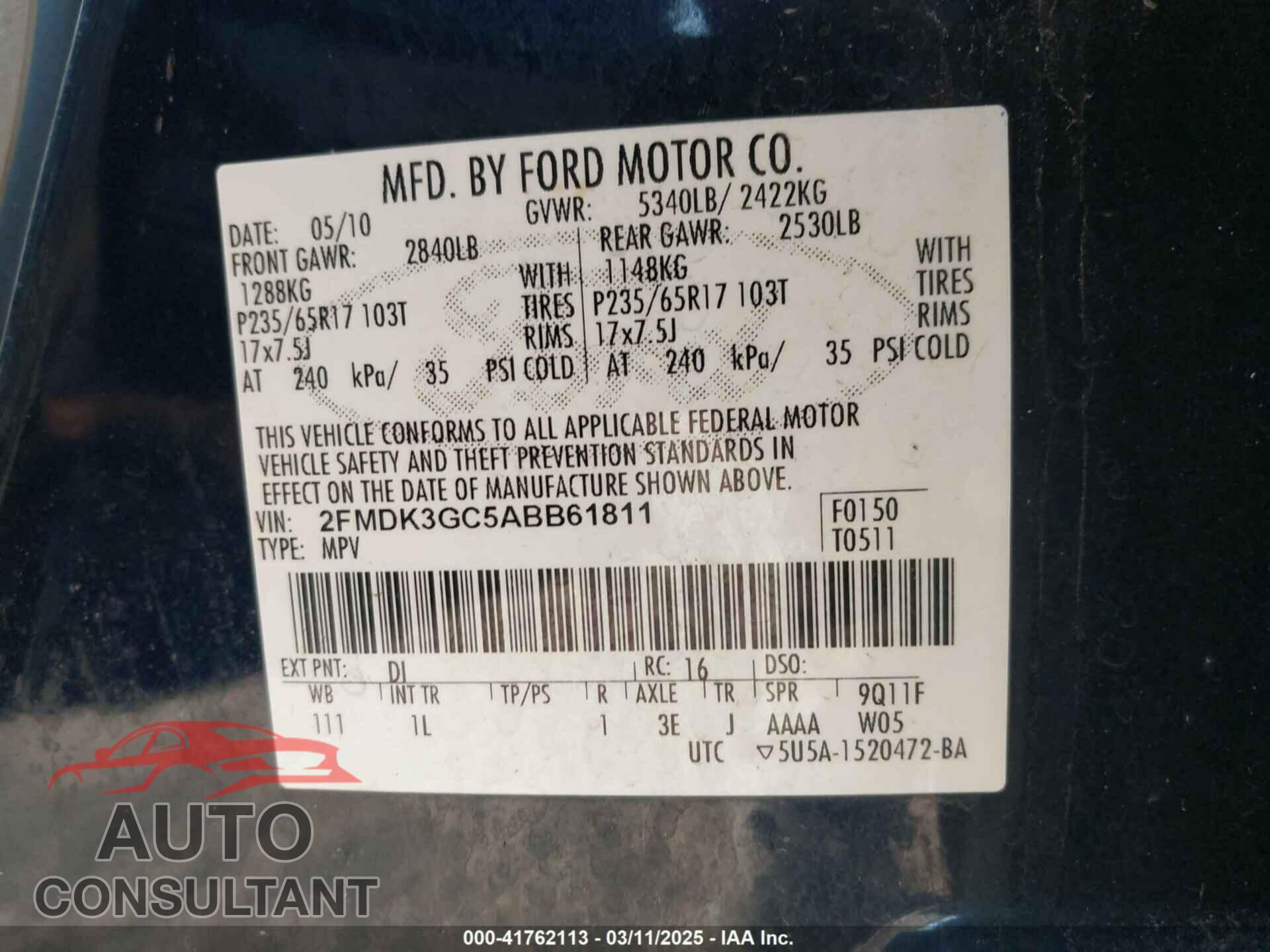 FORD EDGE 2010 - 2FMDK3GC5ABB61811