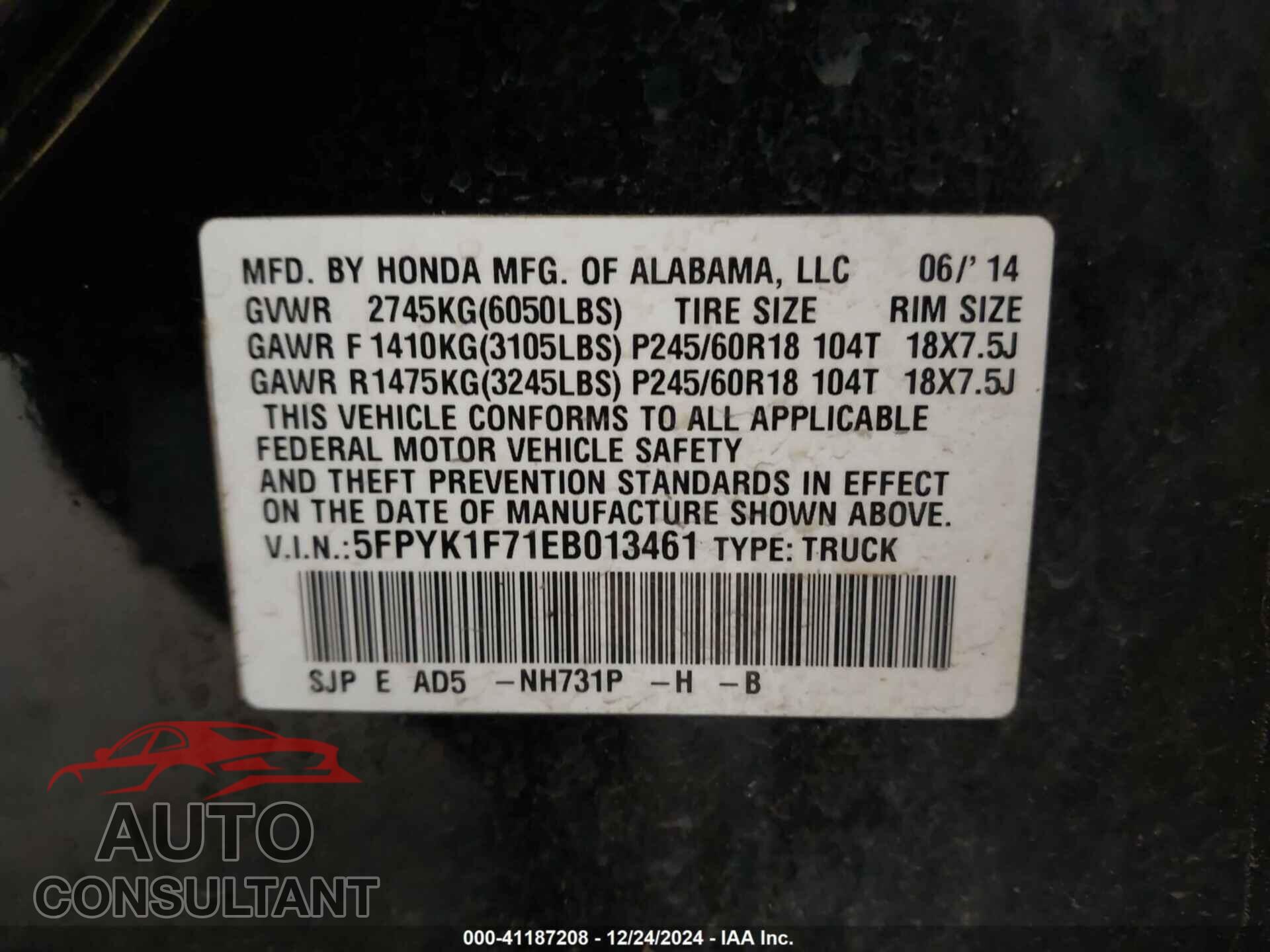 HONDA RIDGELINE 2014 - 5FPYK1F71EB013461