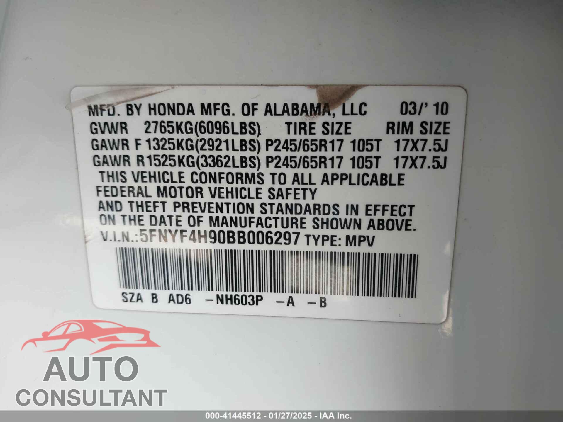 HONDA PILOT 2011 - 5FNYF4H90BB006297