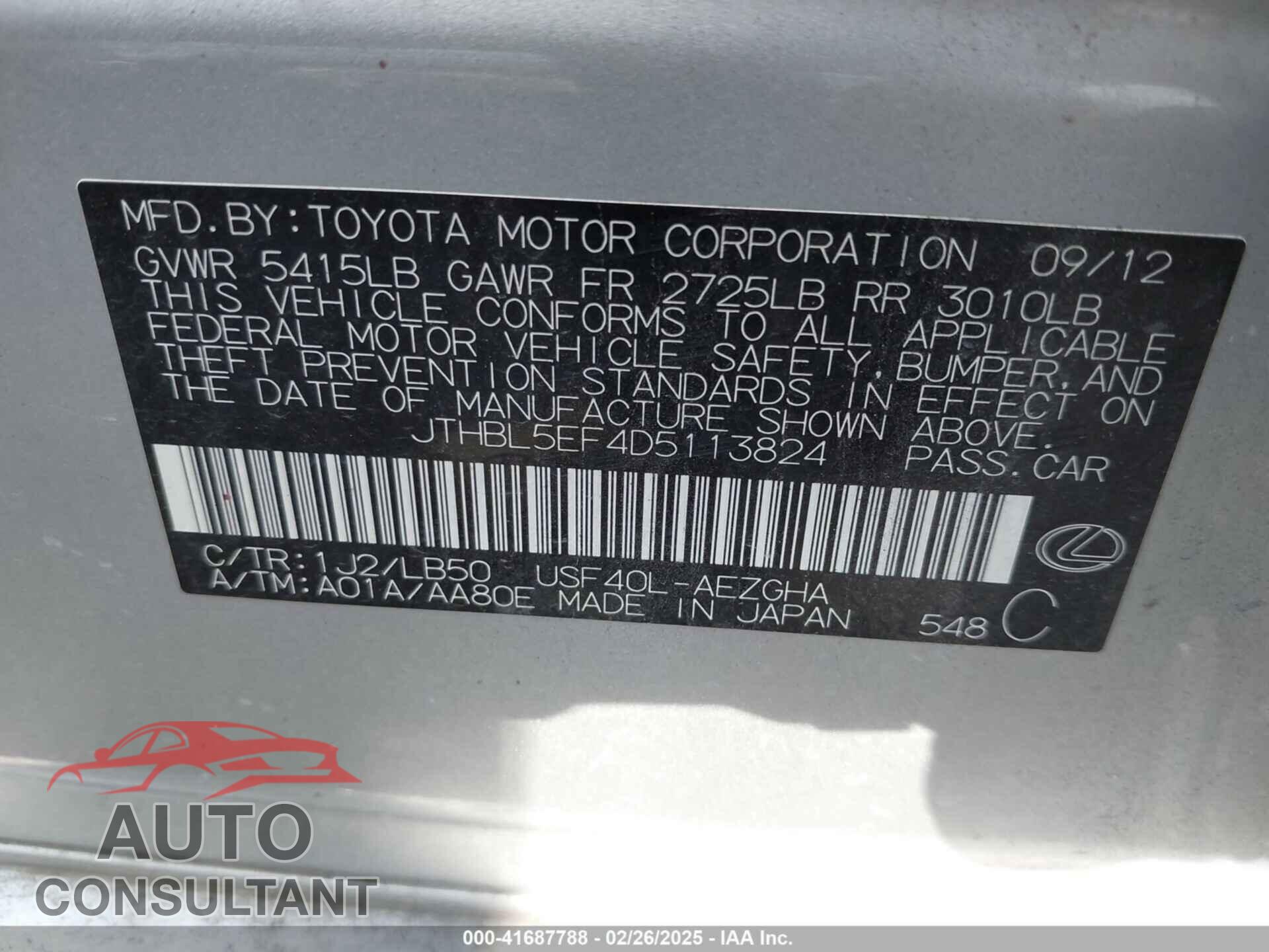 LEXUS LS 460 2013 - JTHBL5EF4D5113824