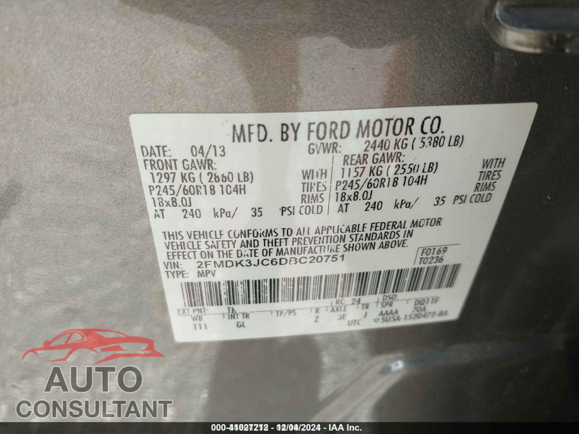 FORD EDGE 2013 - 2FMDK3JC6DBC20751