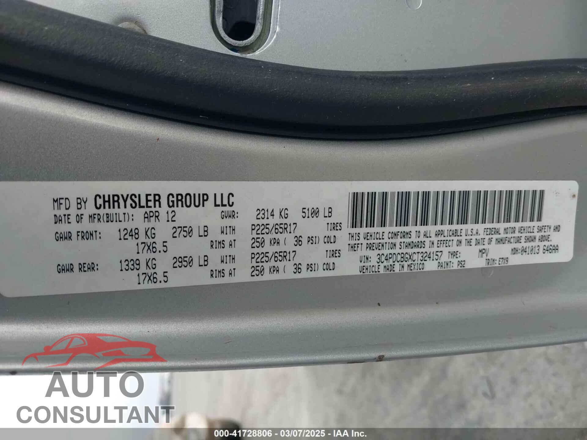 DODGE JOURNEY 2012 - 3C4PDCBGXCT324157