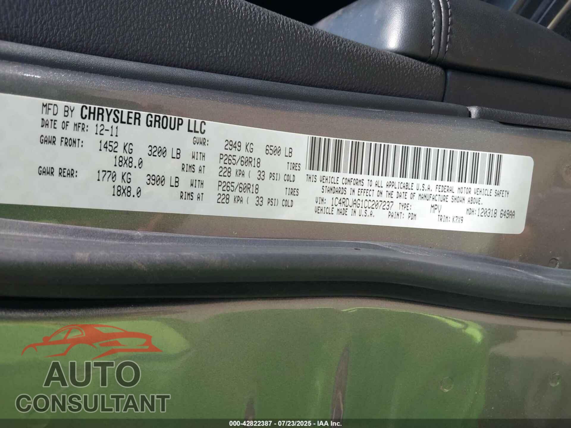 DODGE DURANGO 2012 - 1C4RDJAG1CC207237