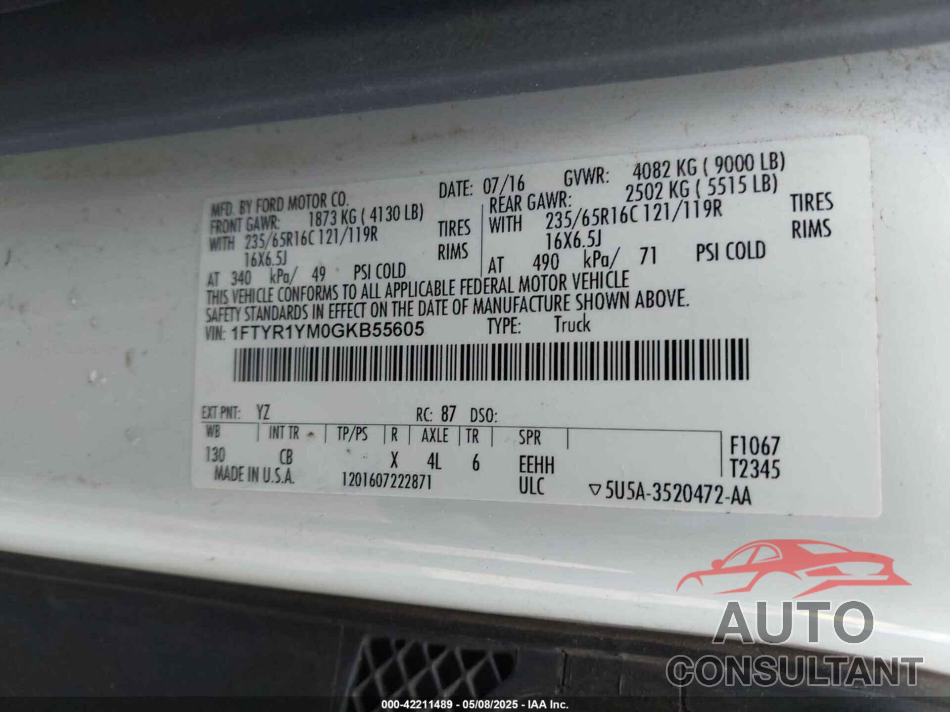 FORD TRANSIT-250 2016 - 1FTYR1YM0GKB55605