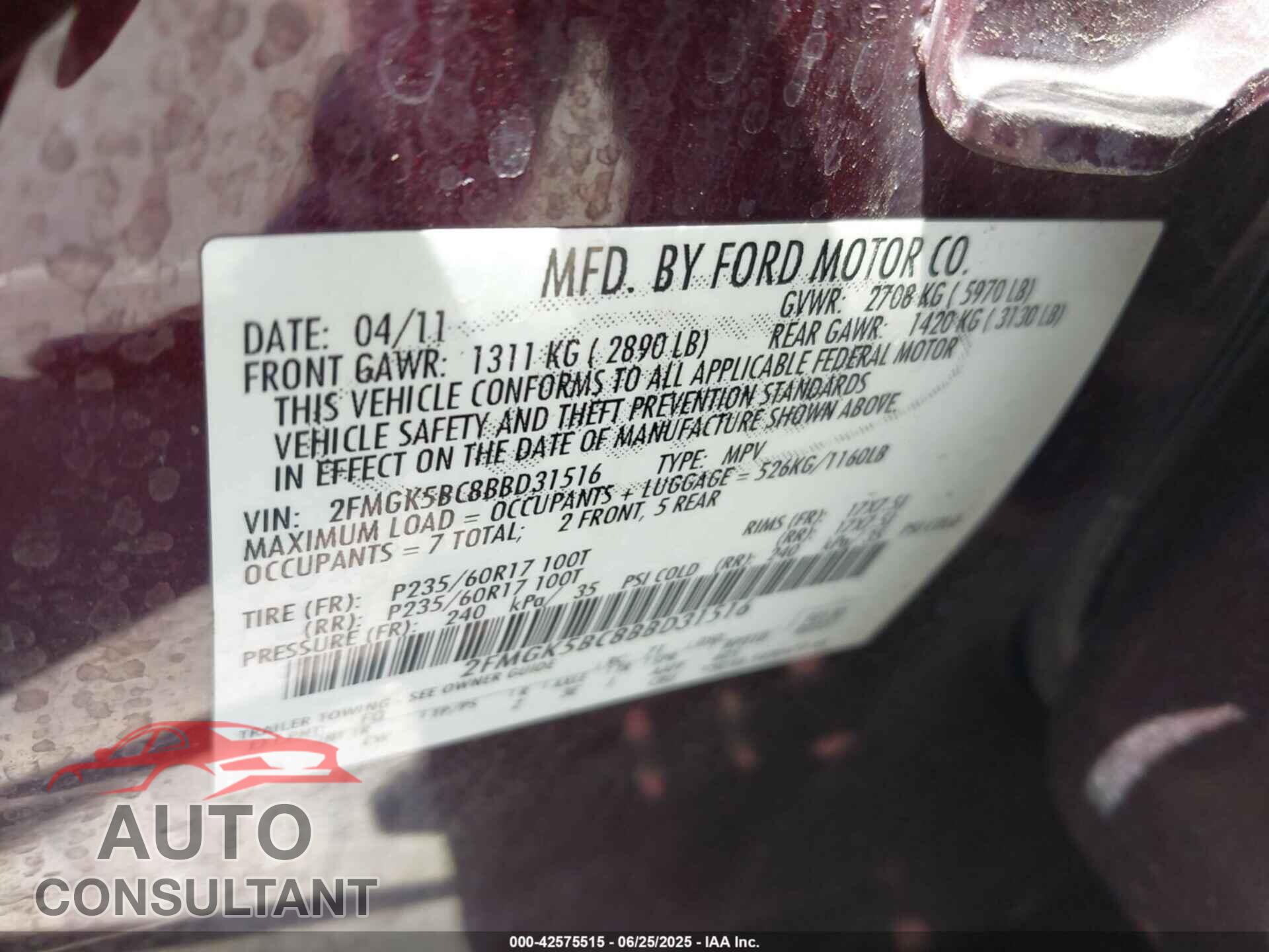 FORD FLEX 2011 - 2FMGK5BC8BBD31516