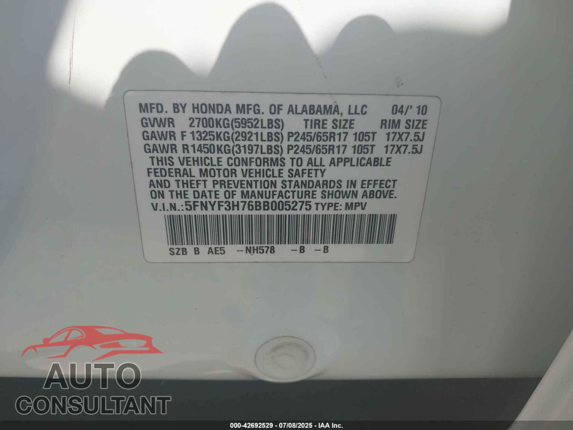 HONDA PILOT 2011 - 5FNYF3H76BB005275