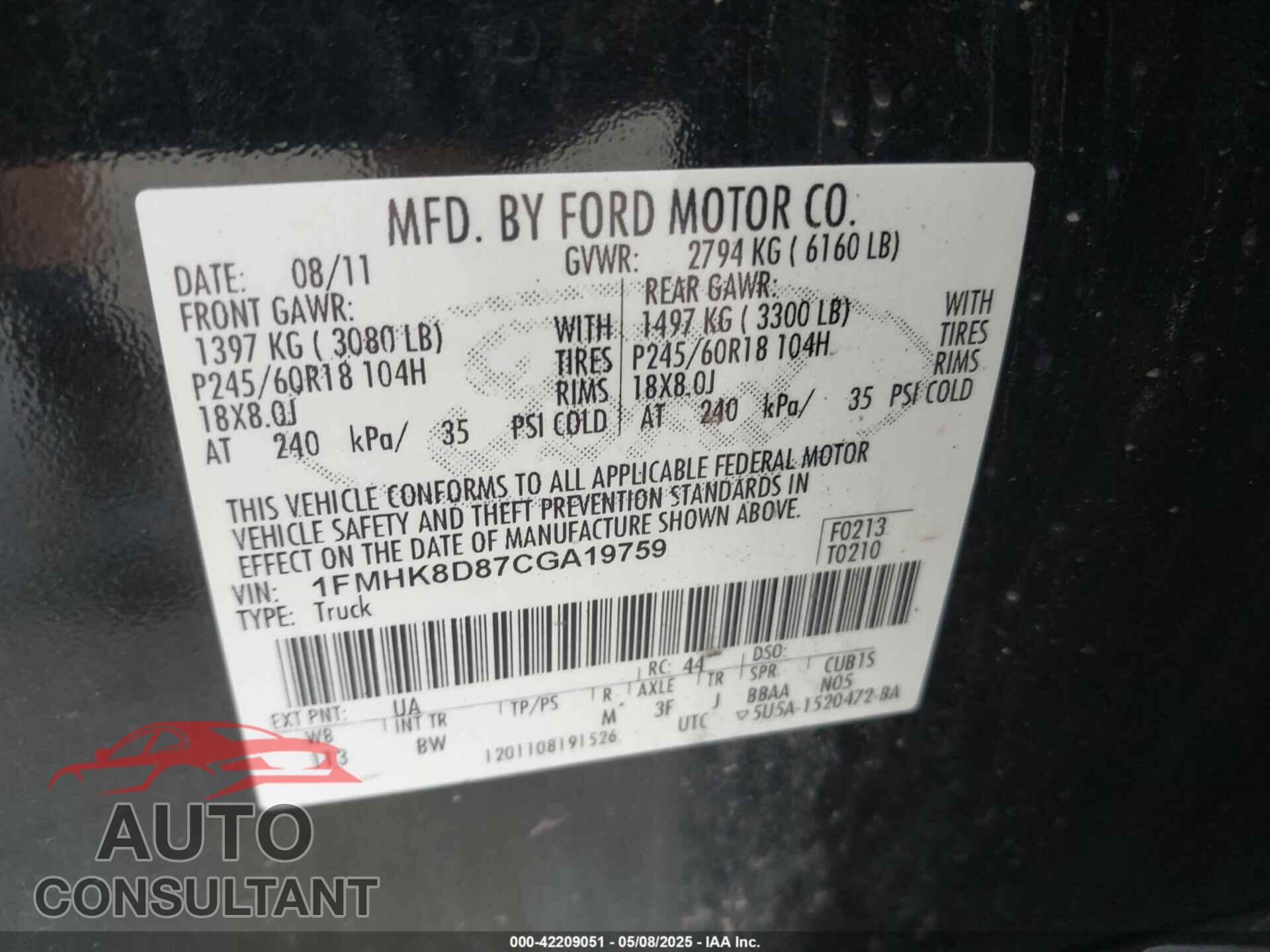 FORD EXPLORER 2012 - 1FMHK8D87CGA19759