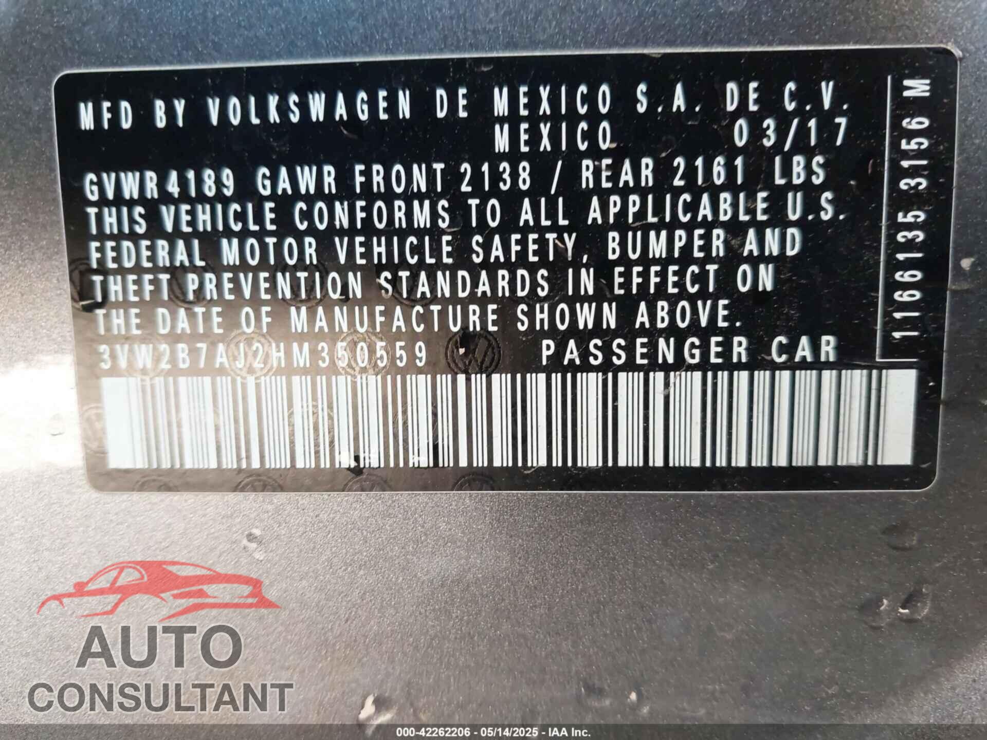 VOLKSWAGEN JETTA 2017 - 3VW2B7AJ2HM350559