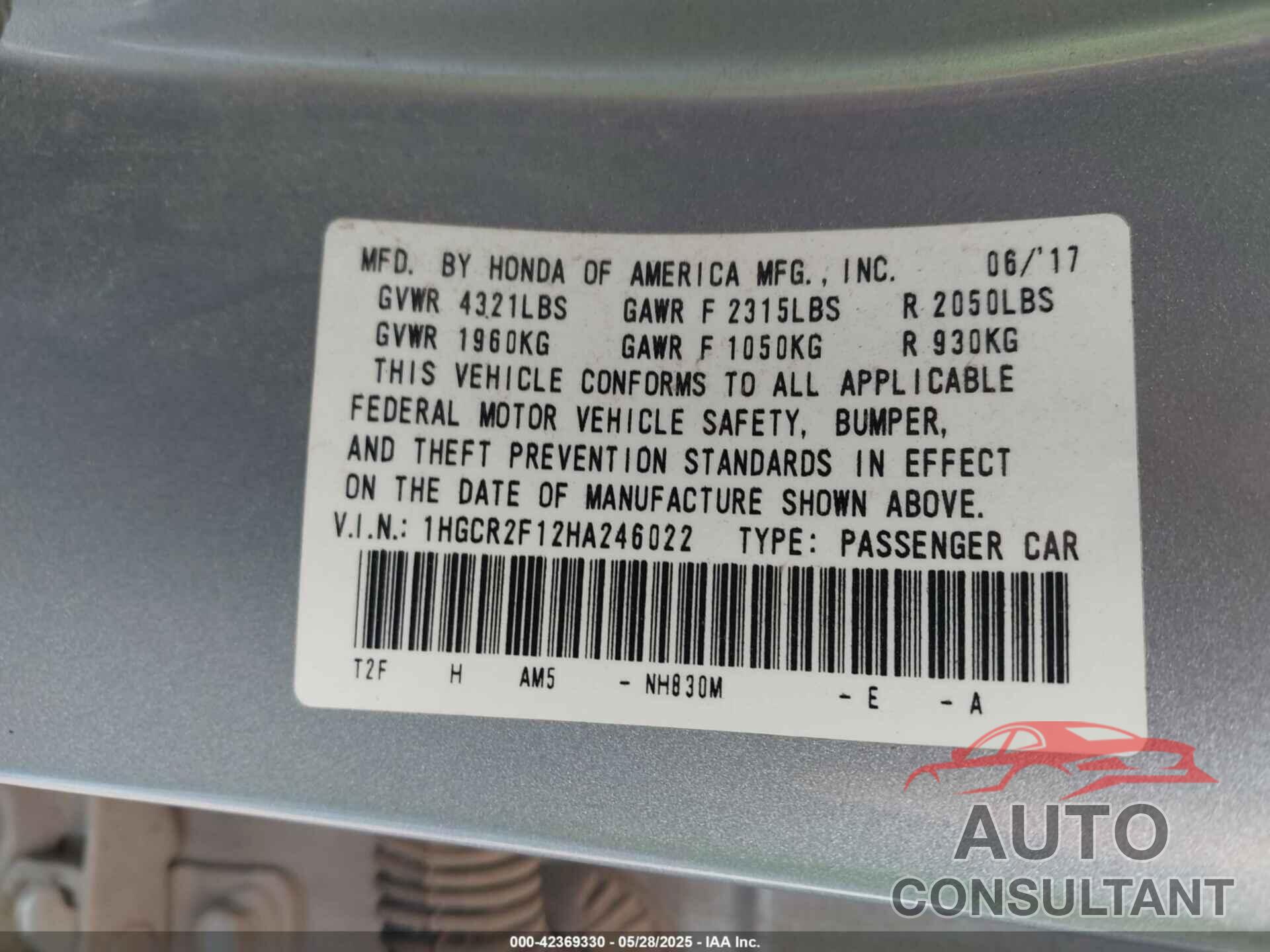 HONDA ACCORD 2017 - 1HGCR2F12HA246022