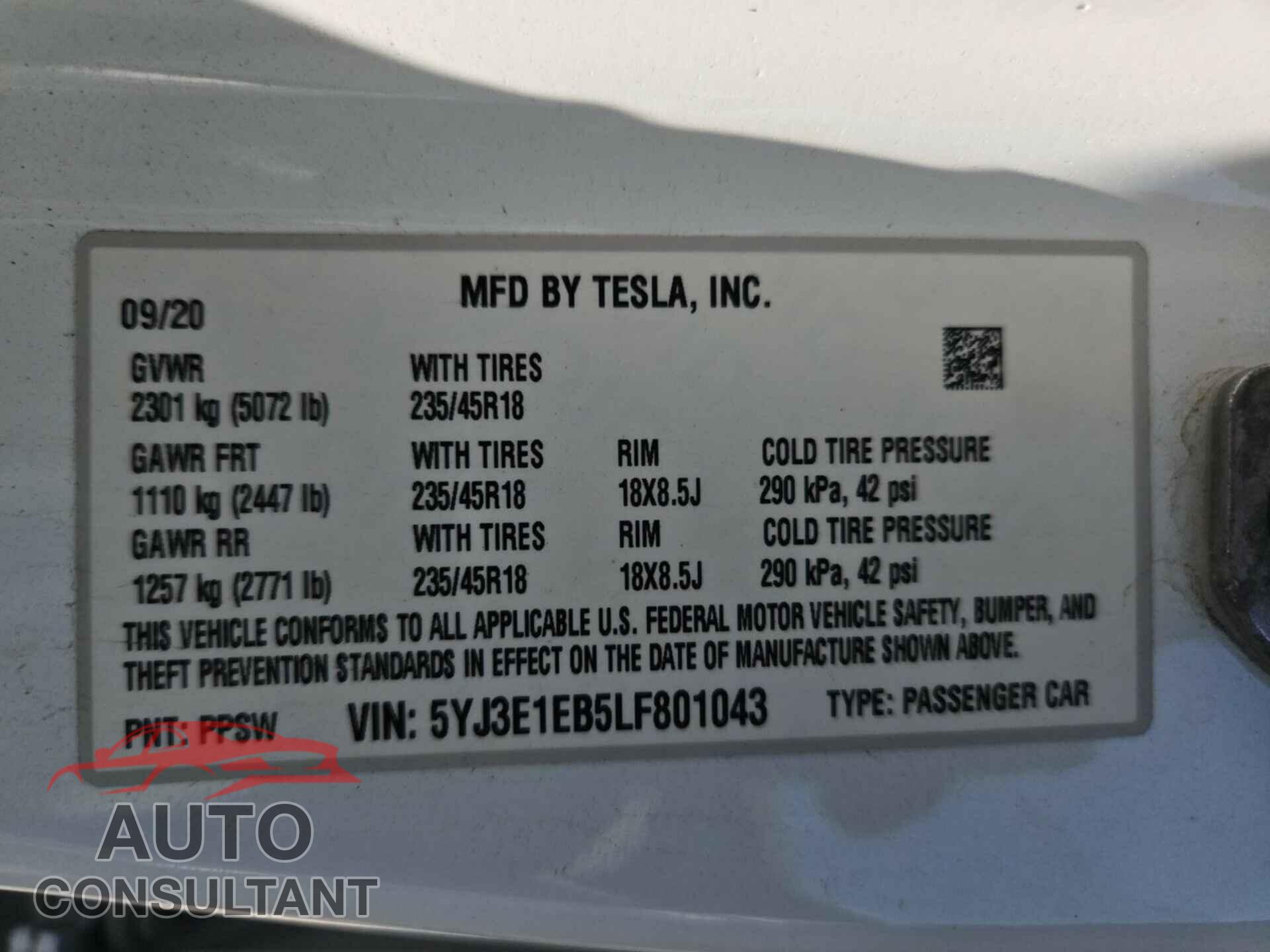TESLA MODEL 3 2020 - 5YJ3E1EB5LF801043