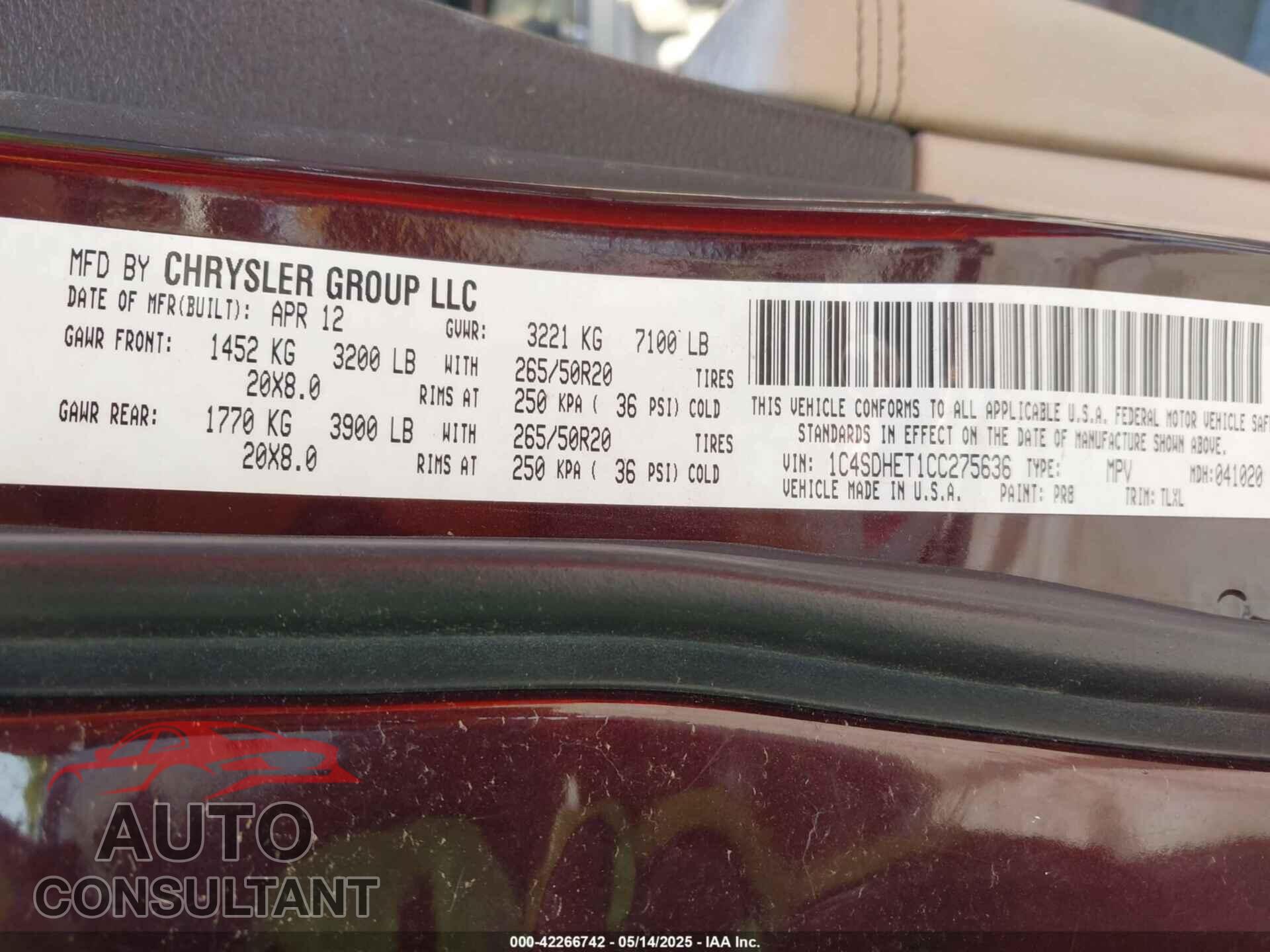 DODGE DURANGO 2012 - 1C4SDHET1CC275636