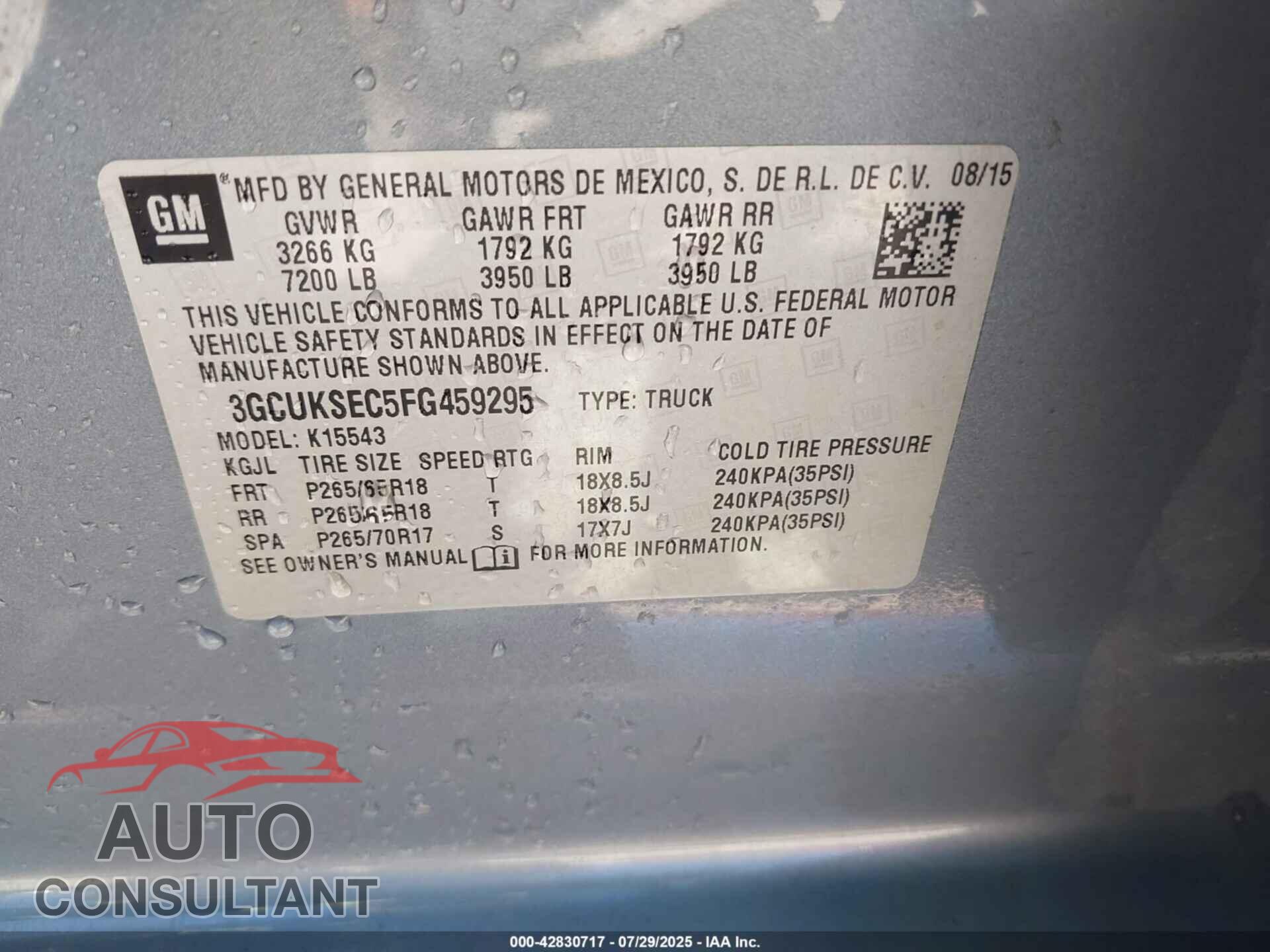 CHEVROLET SILVERADO 1500 2015 - 3GCUKSEC5FG459295