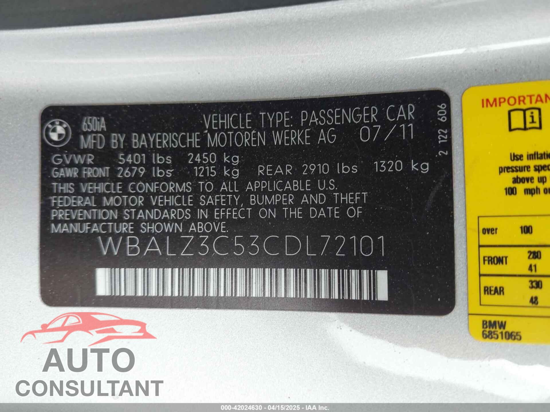 BMW 650I 2012 - WBALZ3C53CDL72101