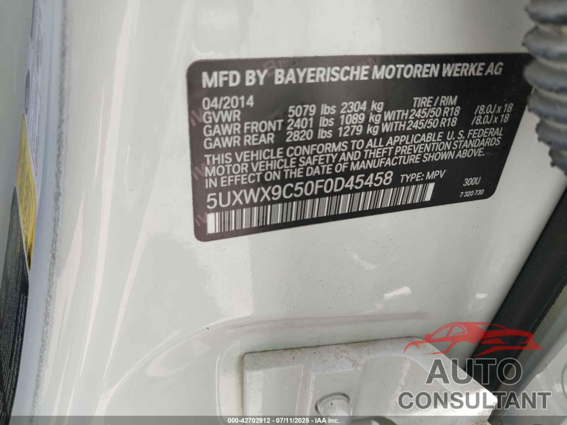 BMW X3 2015 - 5UXWX9C50F0D45458