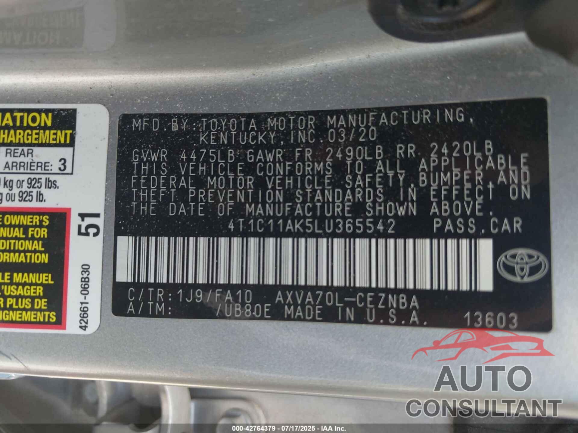 TOYOTA CAMRY 2020 - 4T1C11AK5LU365542