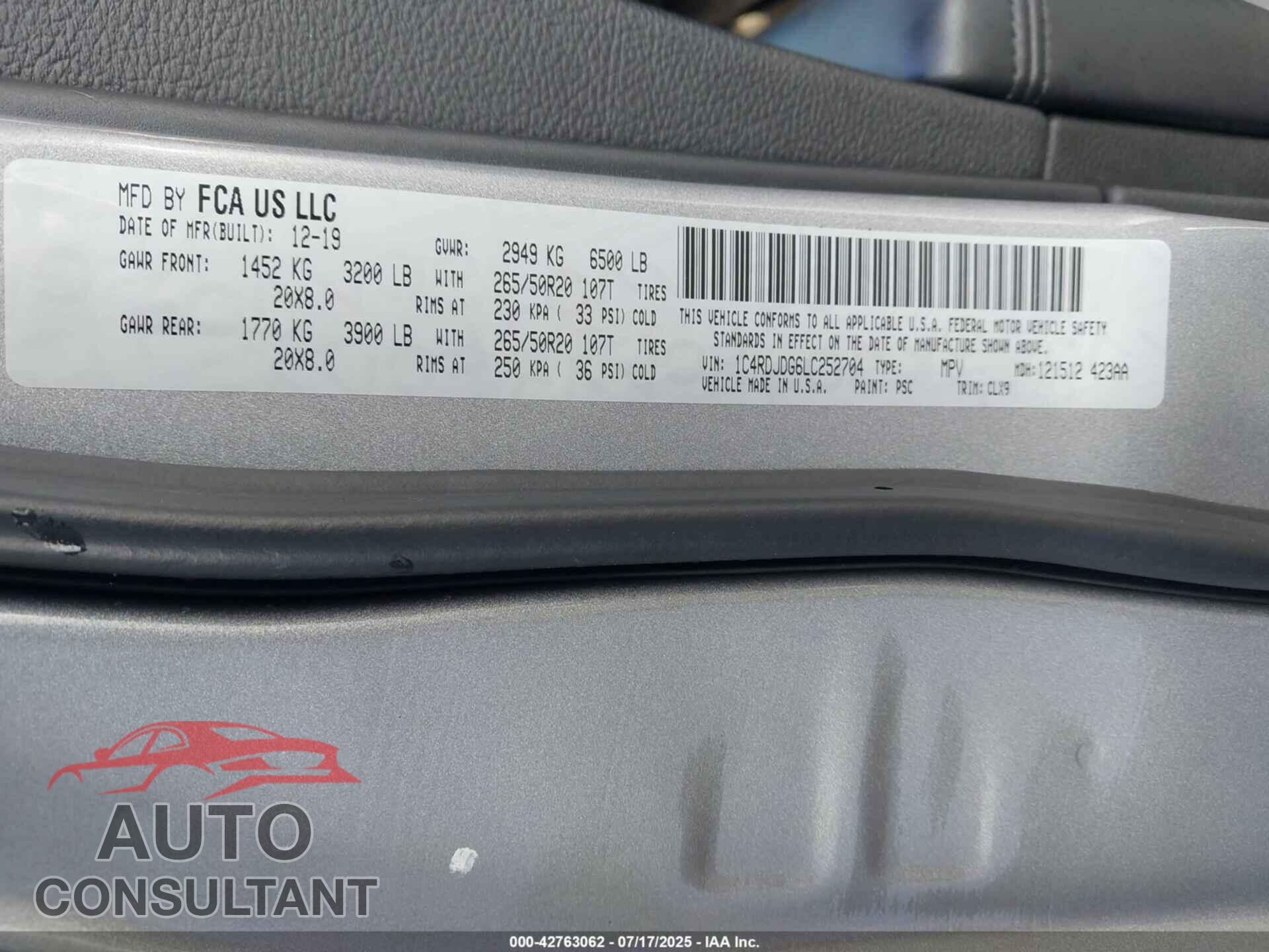 DODGE DURANGO 2020 - 1C4RDJDG6LC252704