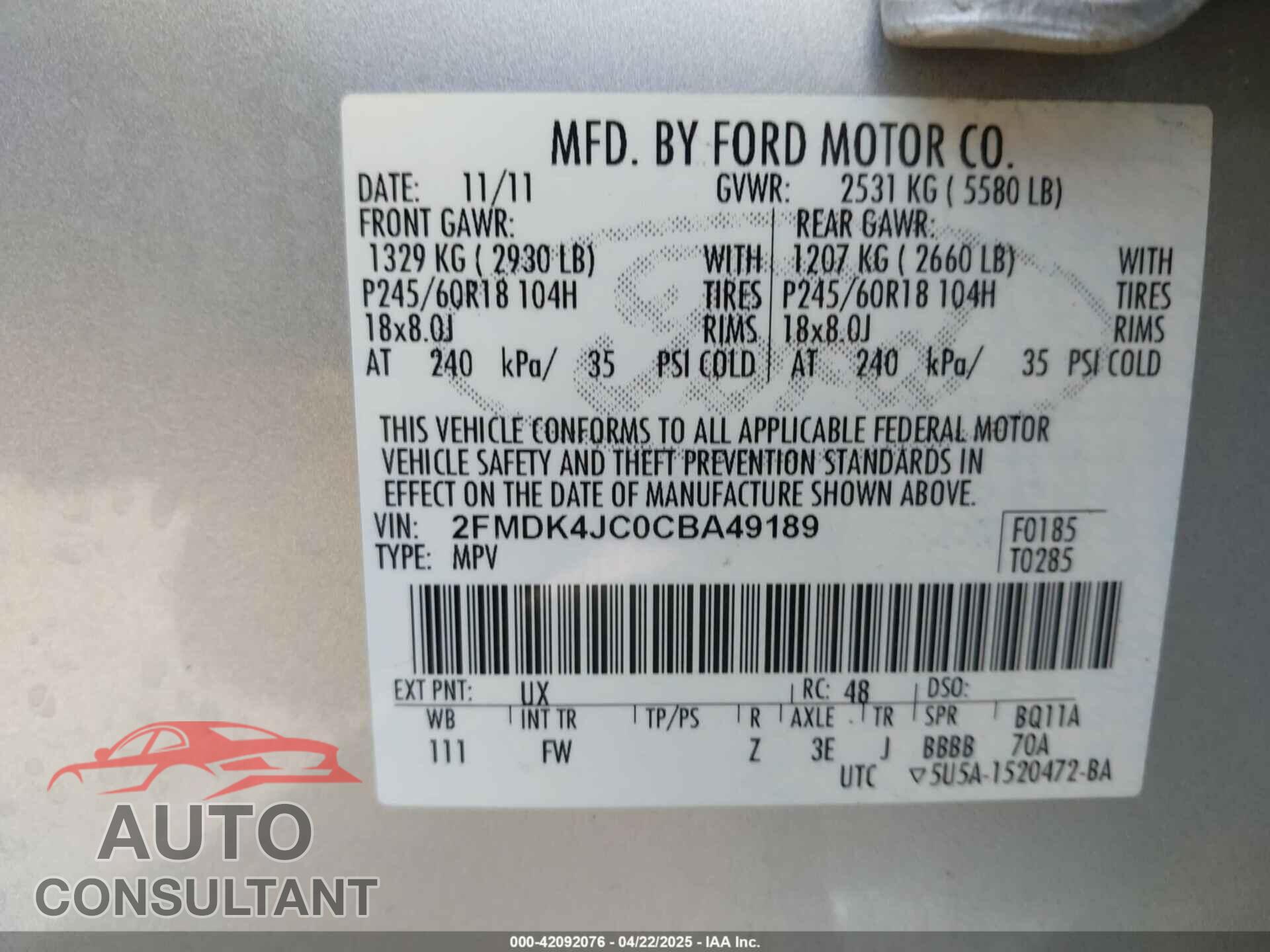 FORD EDGE 2012 - 2FMDK4JC0CBA49189