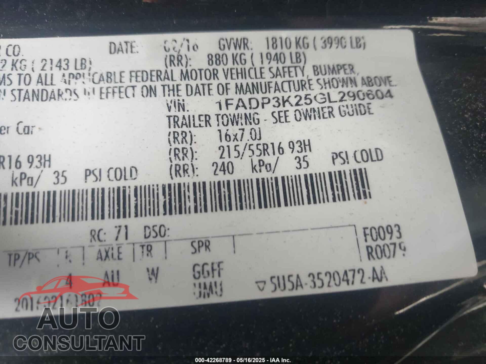 FORD FOCUS 2016 - 1FADP3K25GL290604
