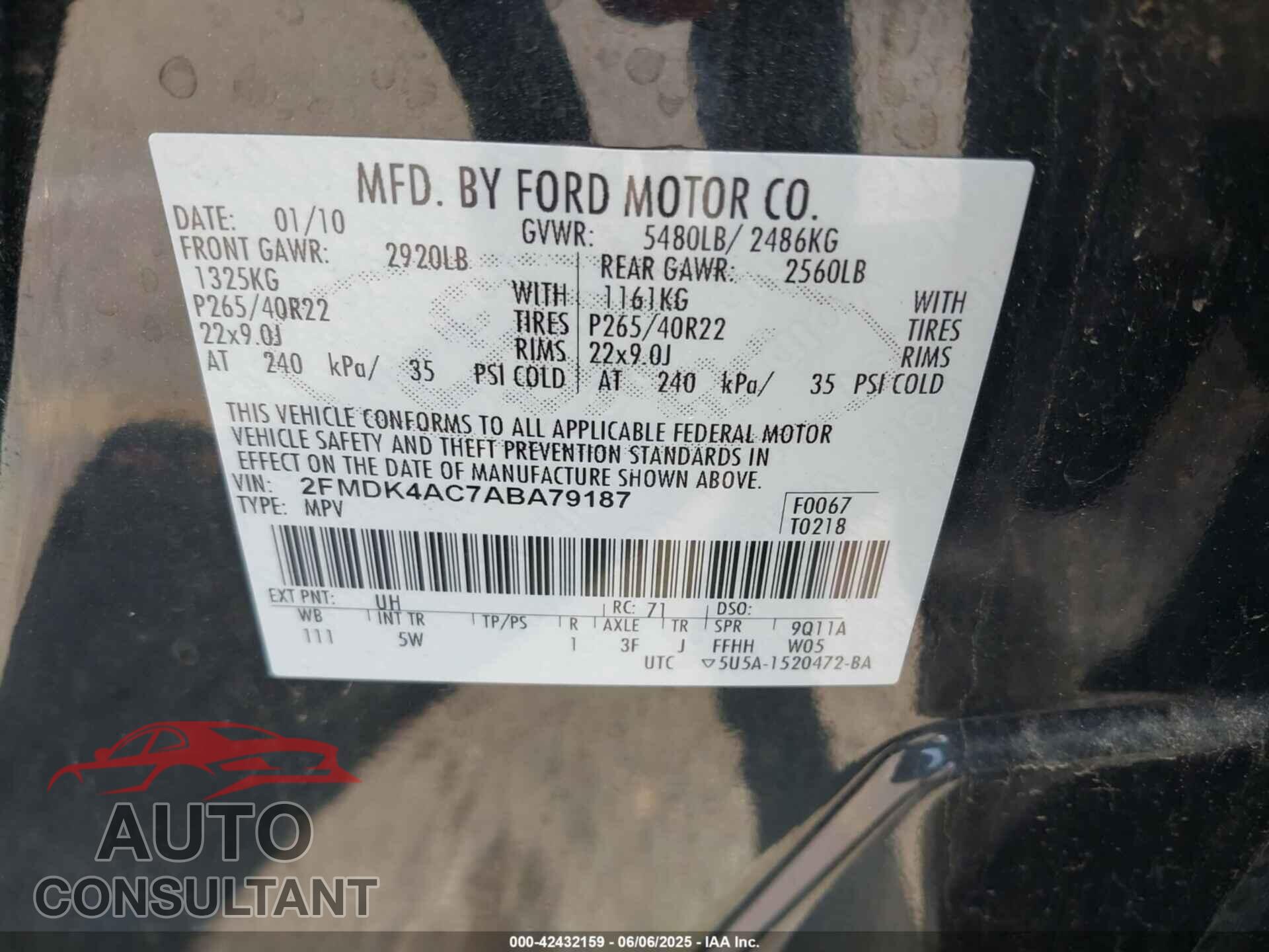 FORD EDGE 2010 - 2FMDK4AC7ABA79187