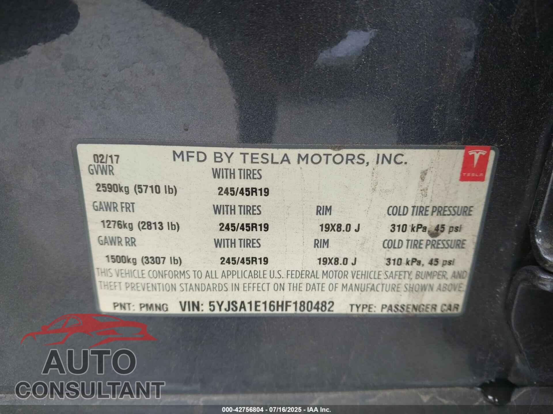 TESLA MODEL S 2017 - 5YJSA1E16HF180482