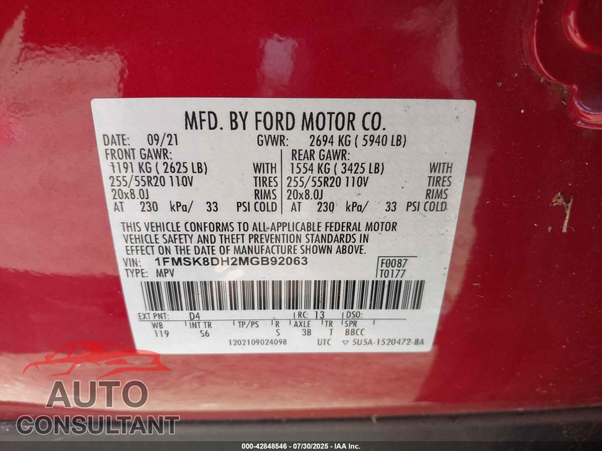 FORD EXPLORER 2021 - 1FMSK8DH2MGB92063