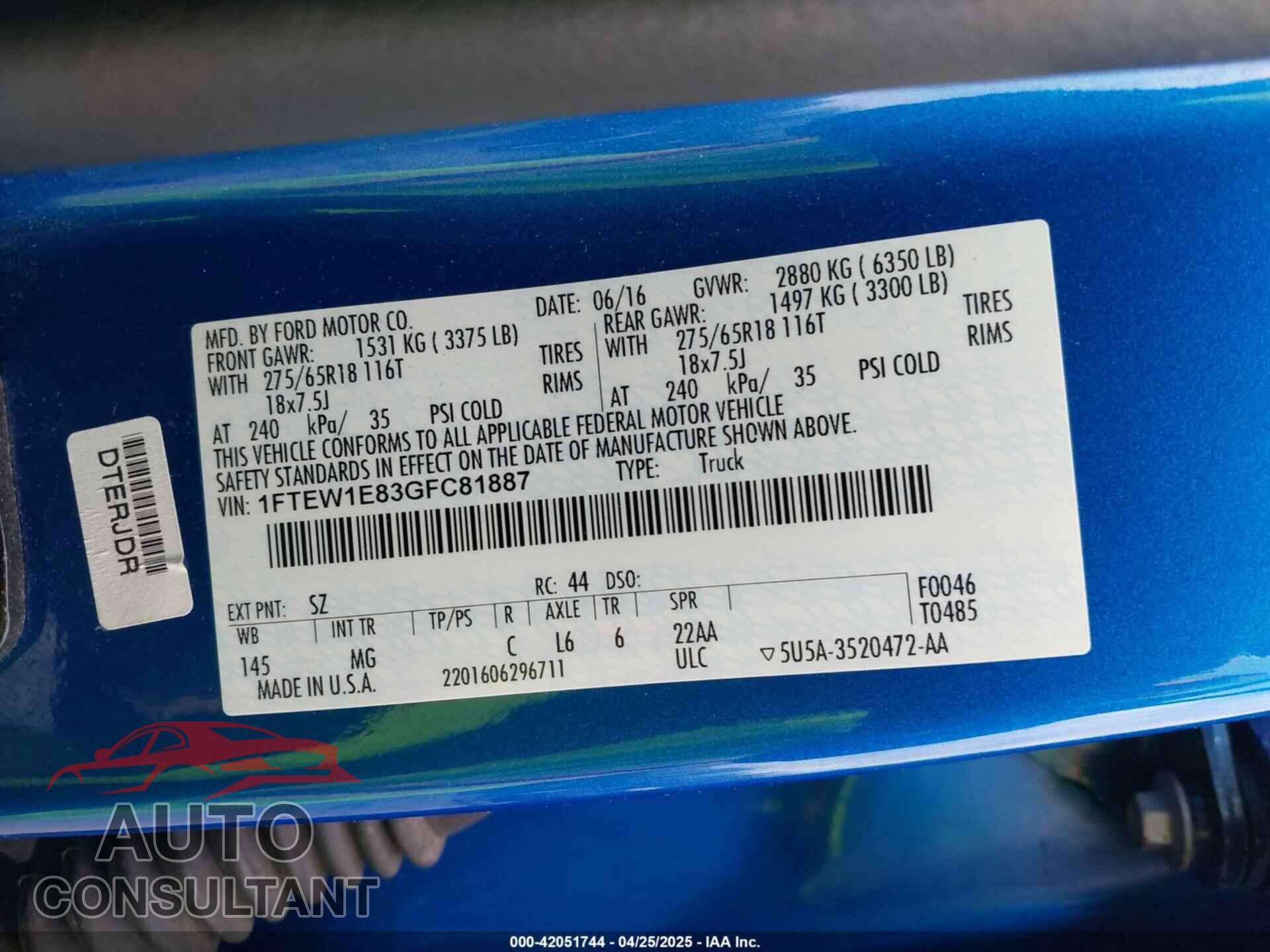 FORD F-150 2016 - 1FTEW1E83GFC81887