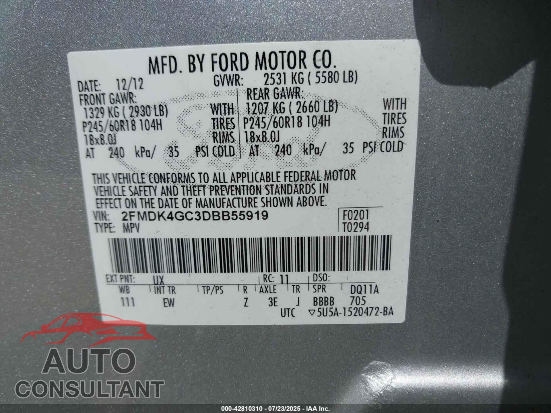FORD EDGE 2013 - 2FMDK4GC3DBB55919
