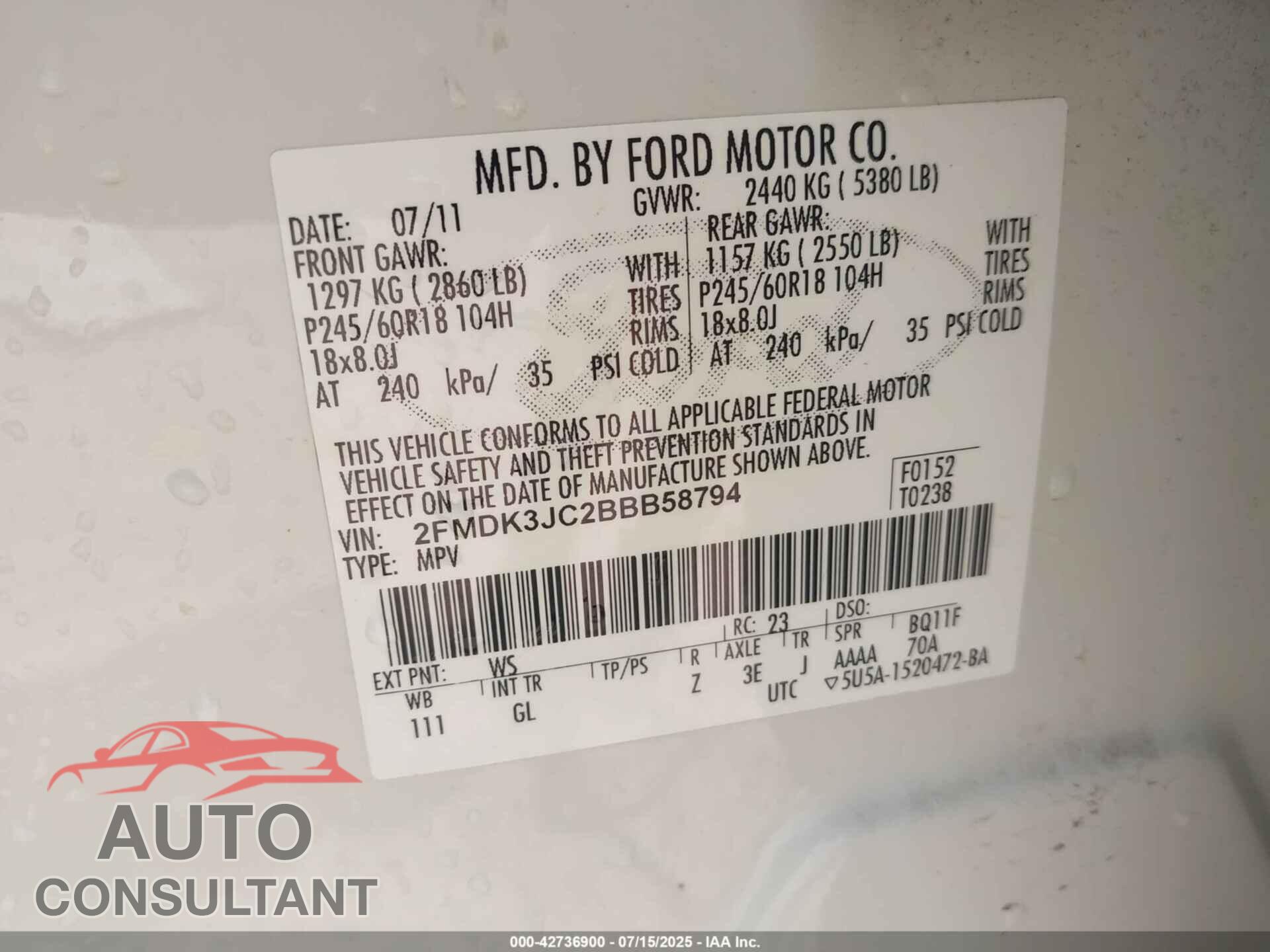 FORD EDGE 2011 - 2FMDK3JC2BBB58794