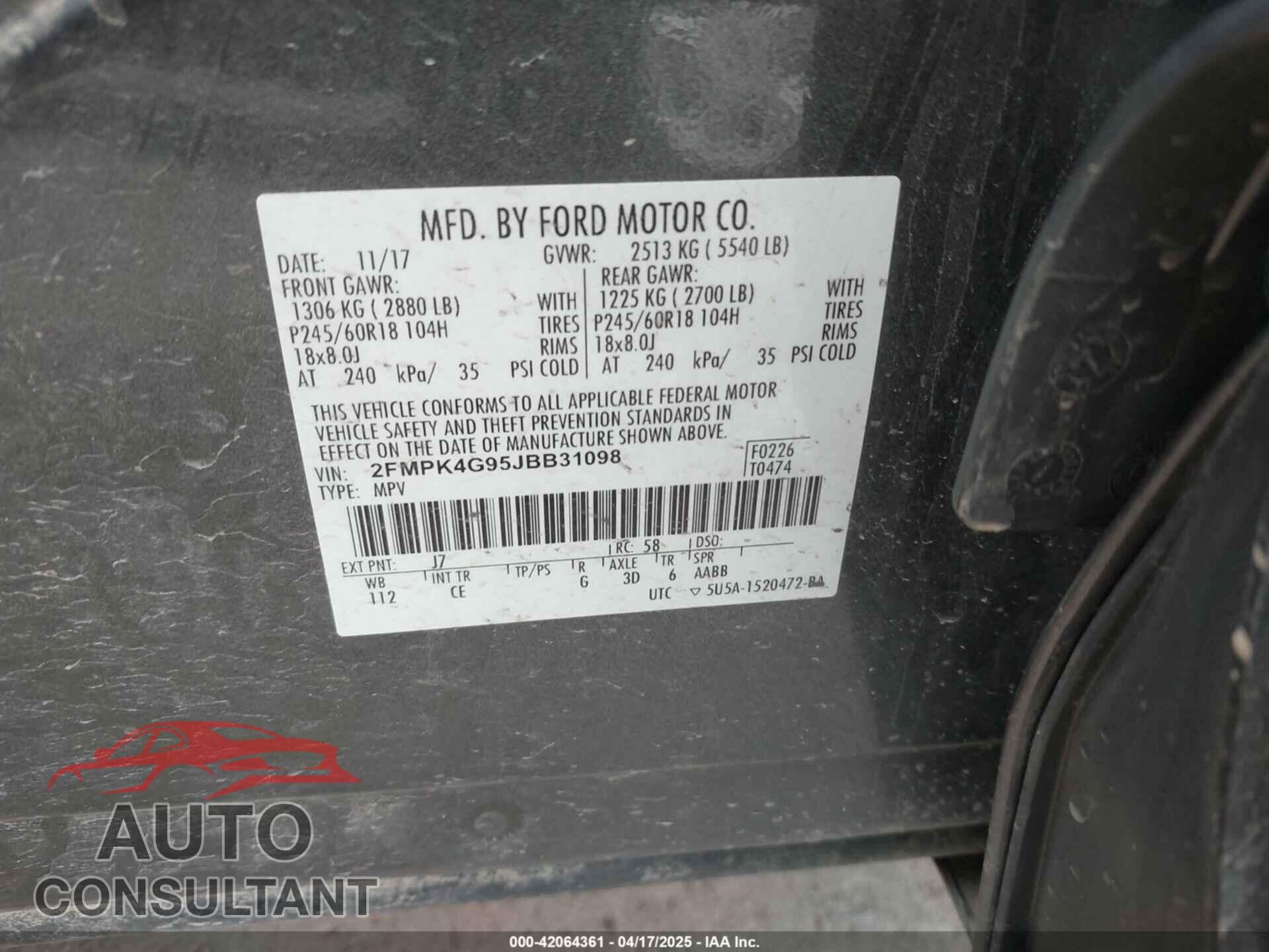 FORD EDGE 2018 - 2FMPK4G95JBB31098