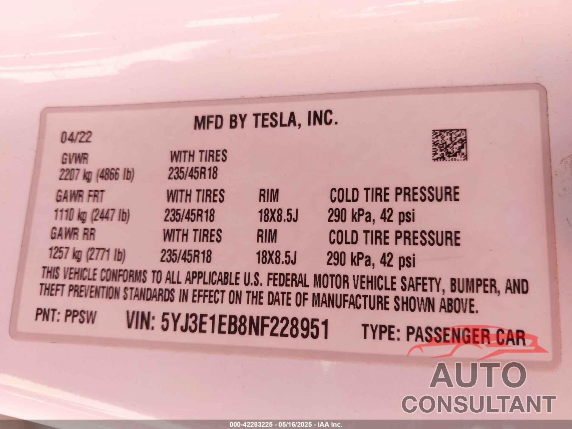 TESLA MODEL 3 2022 - 5YJ3E1EB8NF228951