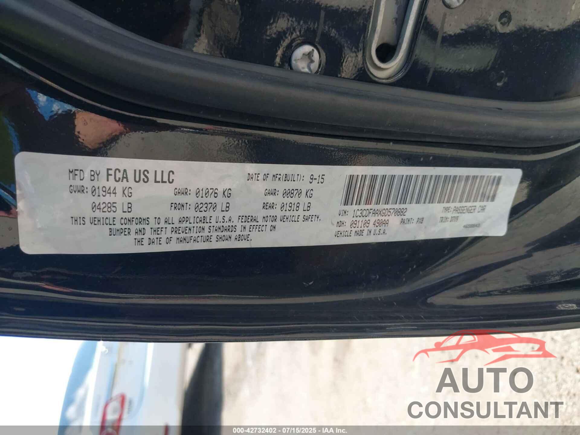 DODGE DART 2016 - 1C3CDFAAXGD570882