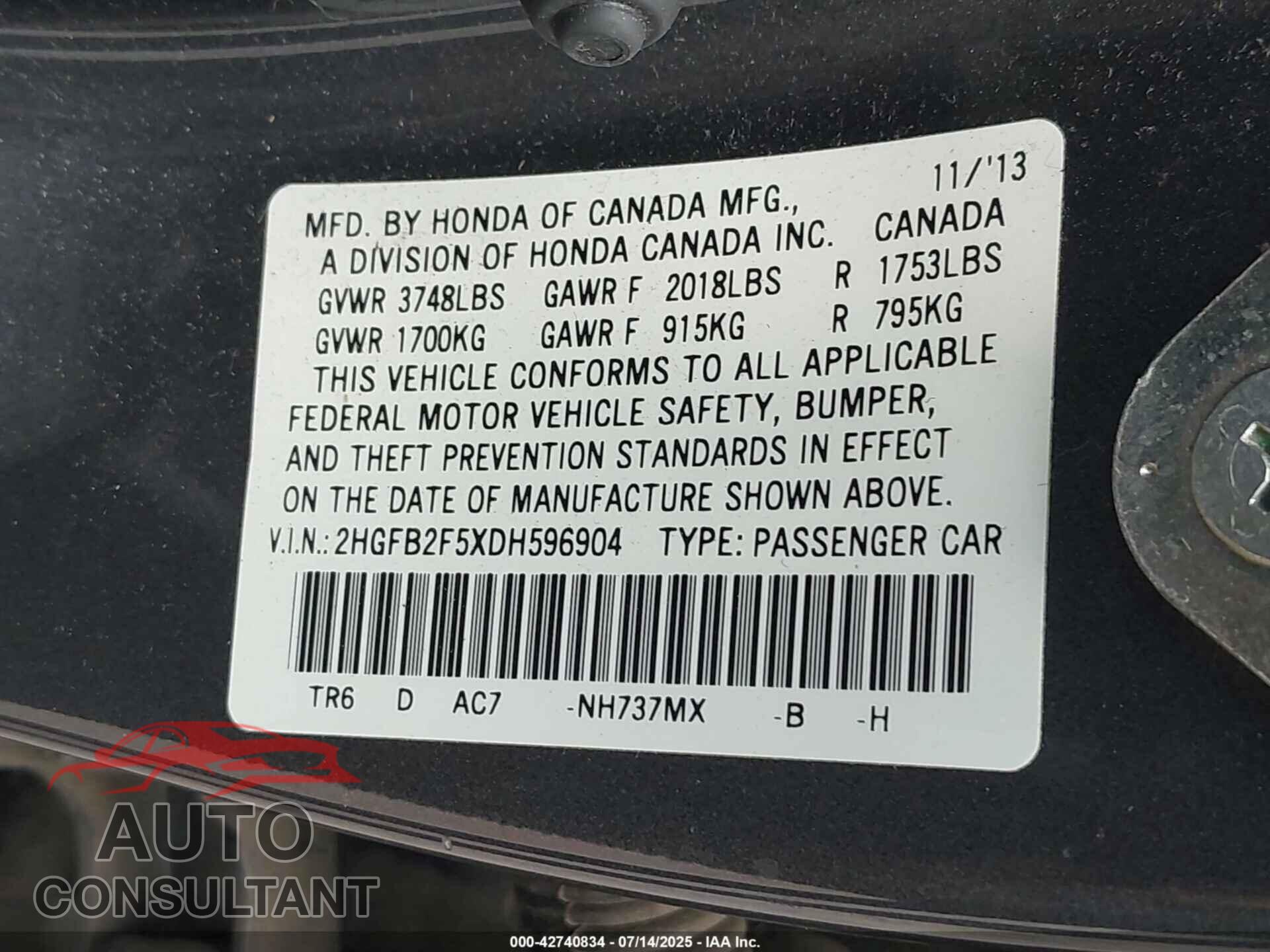 HONDA CIVIC 2013 - 2HGFB2F5XDH596904