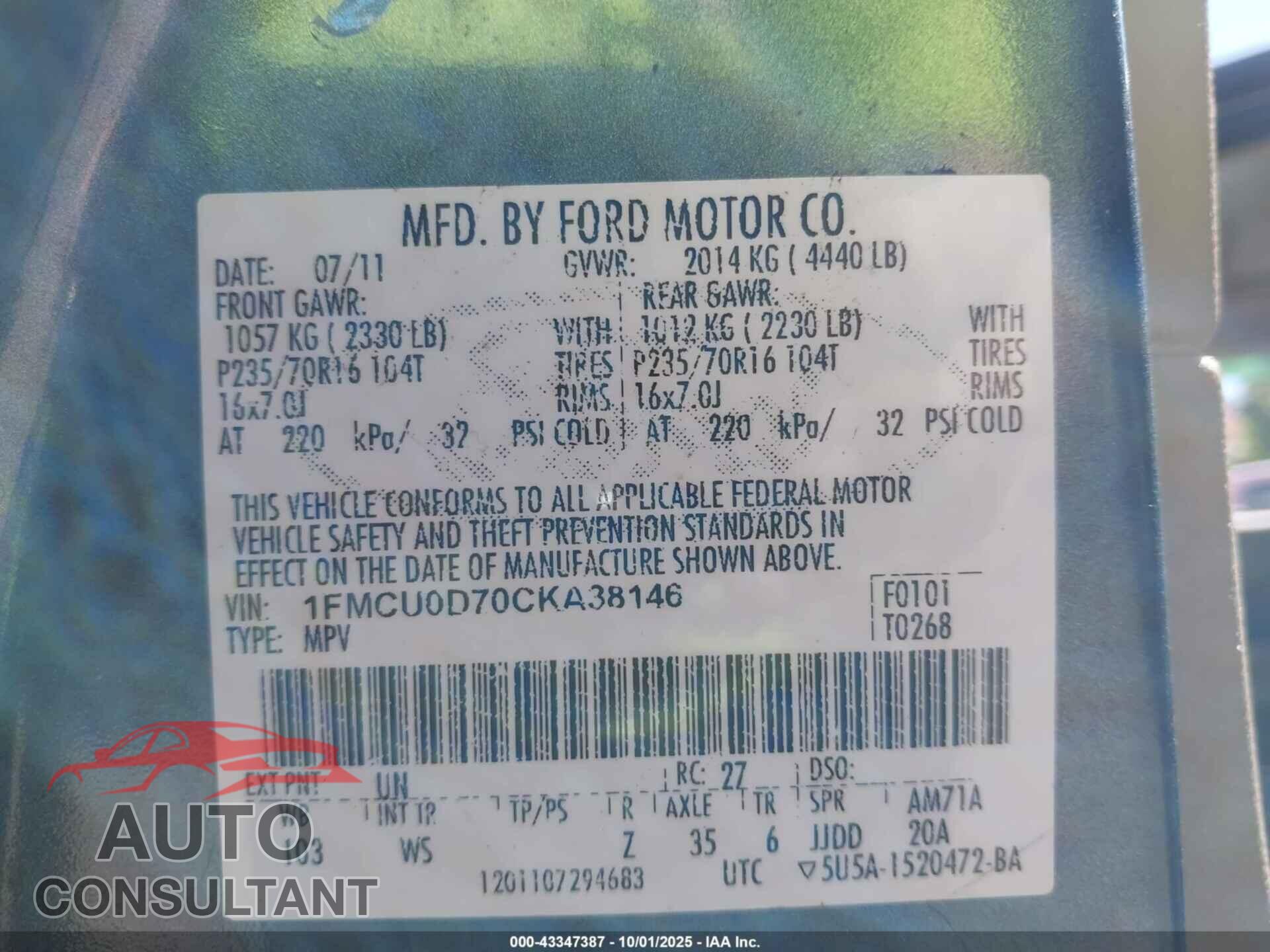 FORD ESCAPE 2012 - 1FMCU0D70CKA38146
