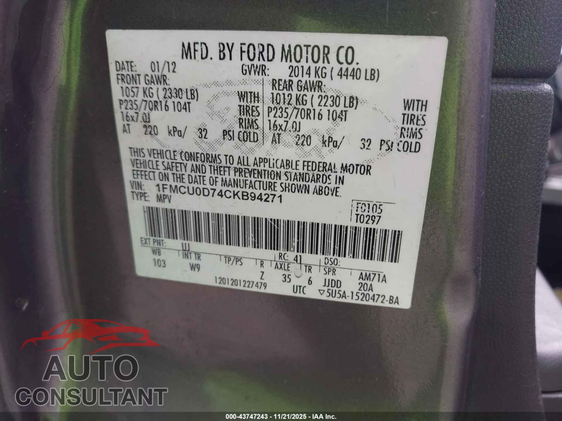 FORD ESCAPE 2012 - 1FMCU0D74CKB94271