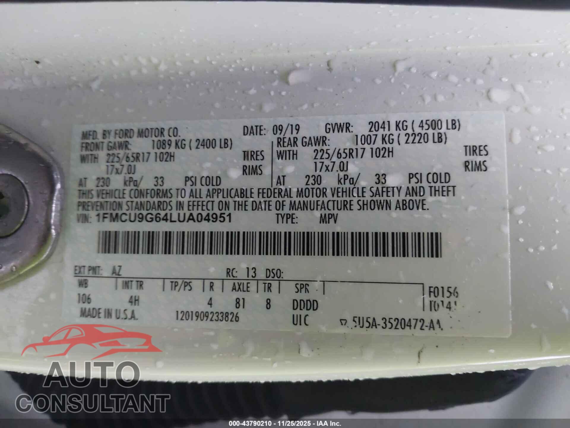 FORD ESCAPE 2020 - 1FMCU9G64LUA04951