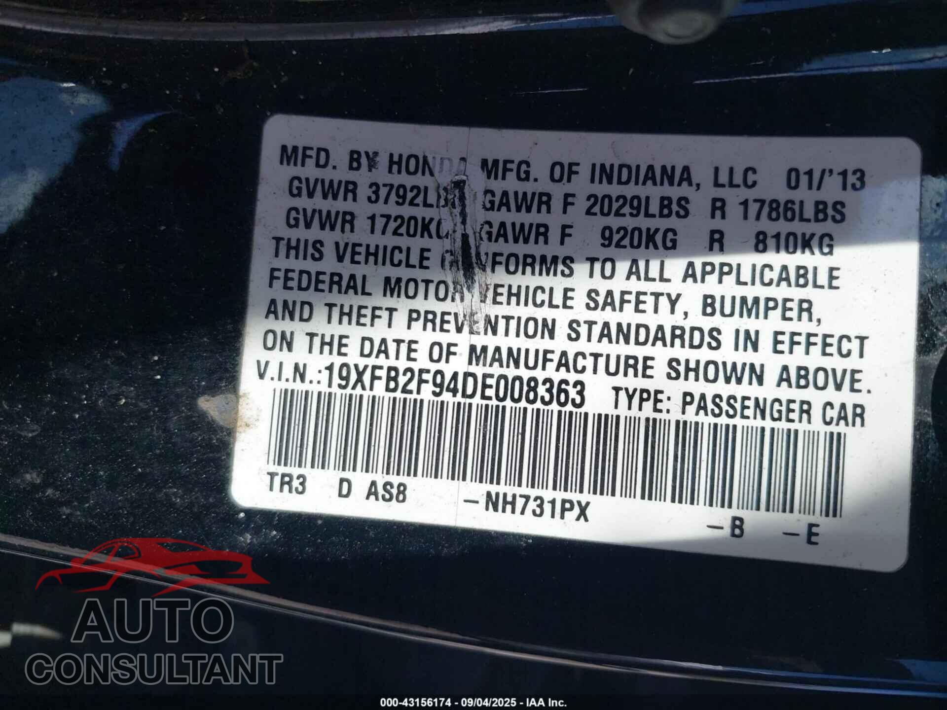 HONDA CIVIC 2013 - 19XFB2F94DE008363
