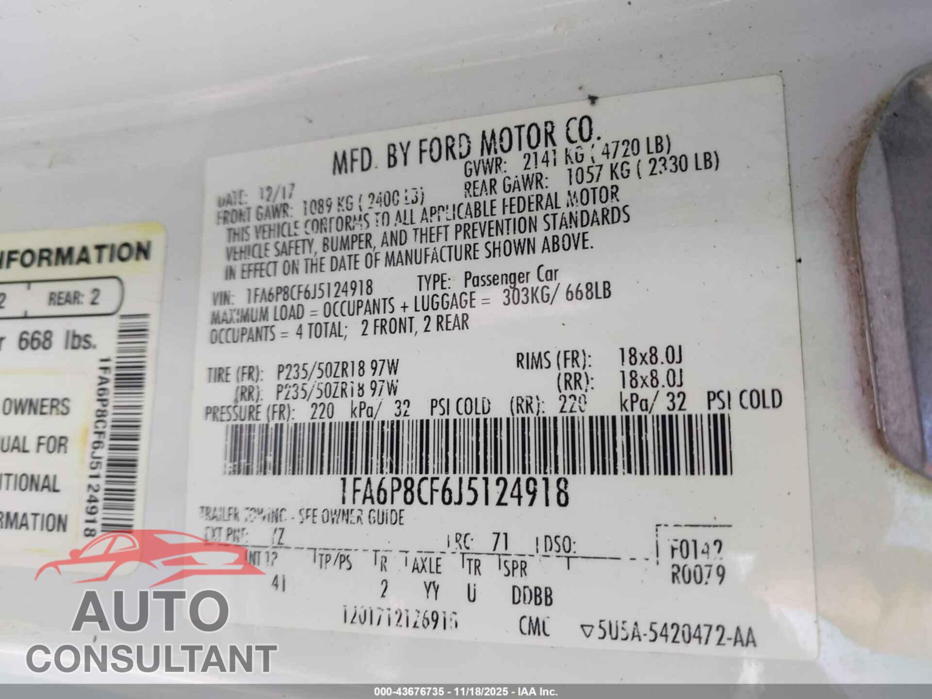 FORD MUSTANG 2018 - 1FA6P8CF6J5124918