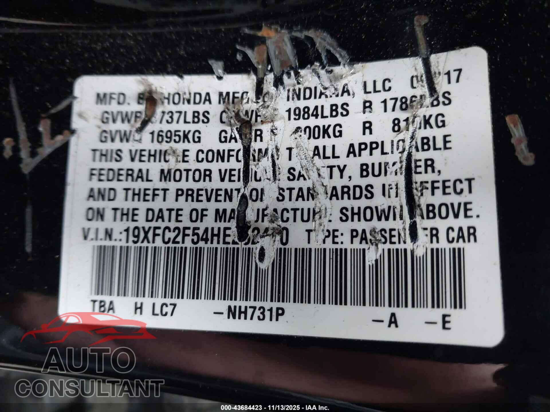 HONDA CIVIC 2017 - 19XFC2F54HE232460