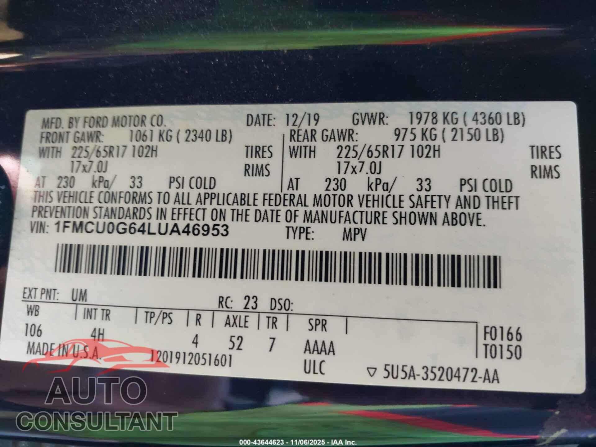 FORD ESCAPE 2020 - 1FMCU0G64LUA46953
