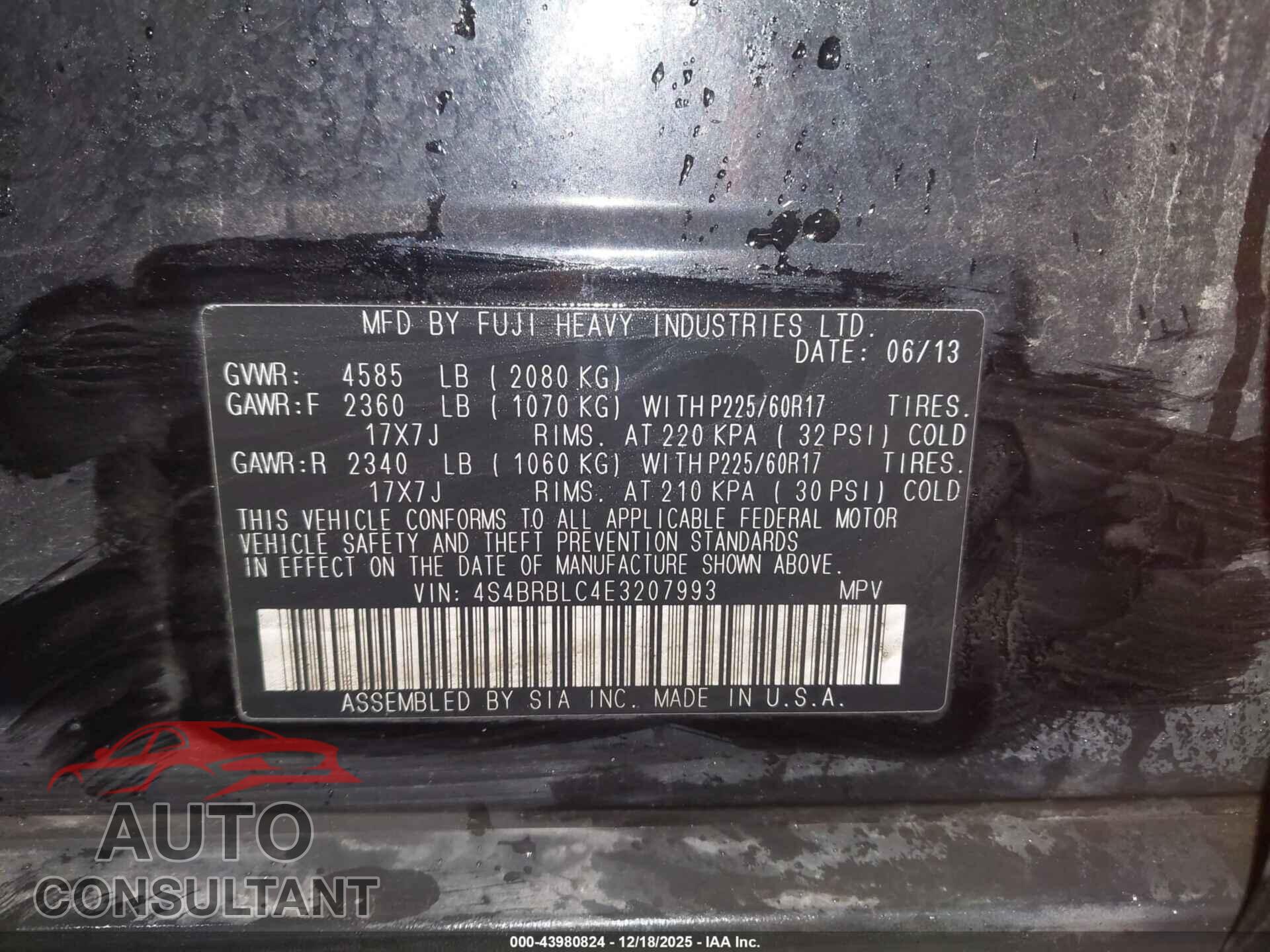 SUBARU OUTBACK 2014 - 4S4BRBLC4E3207993