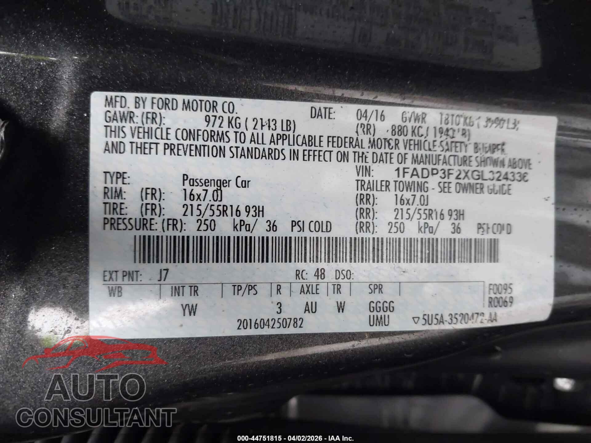 FORD FOCUS 2016 - 1FADP3F2XGL324336