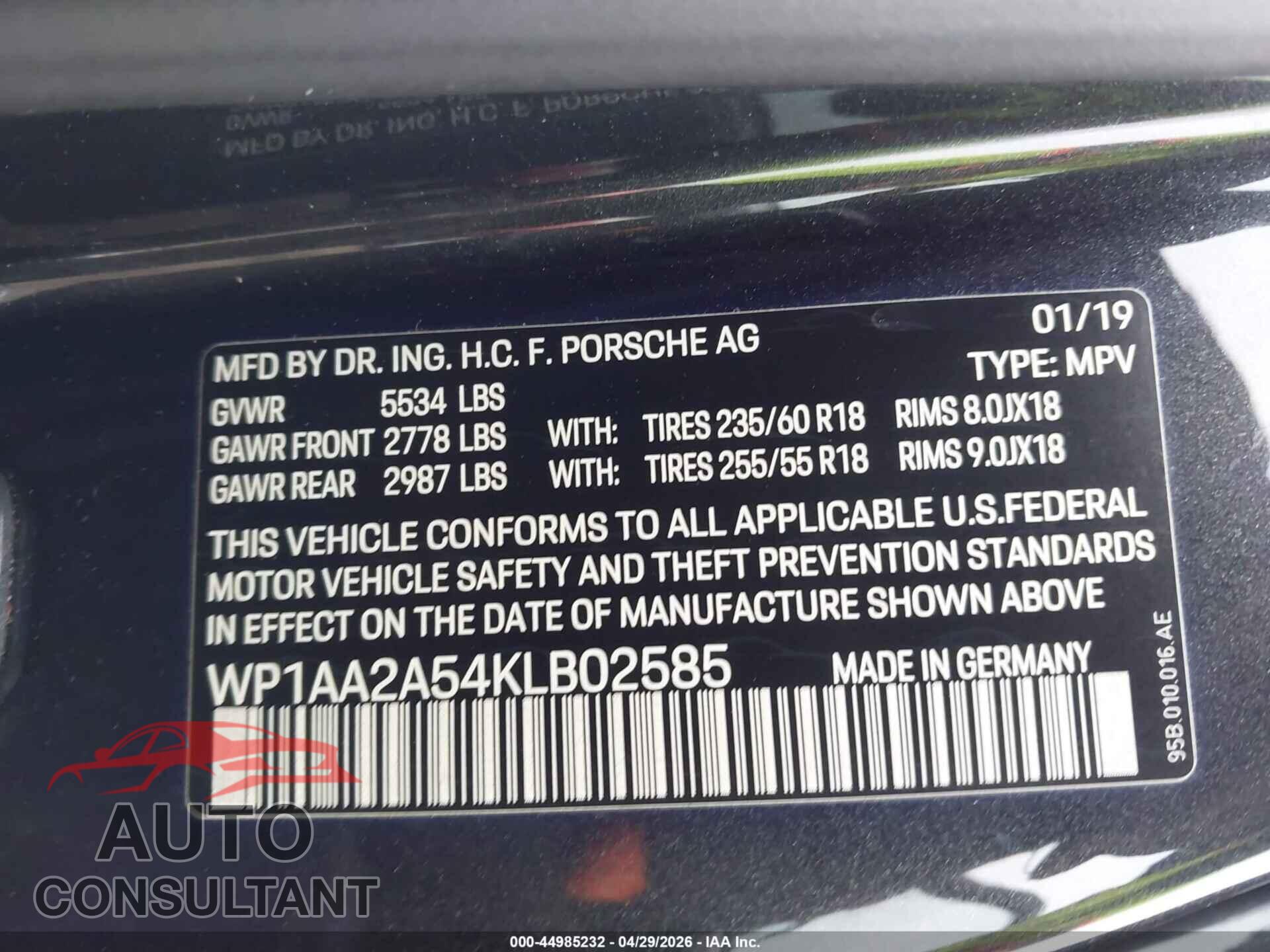 PORSCHE MACAN 2019 - WP1AA2A54KLB02585