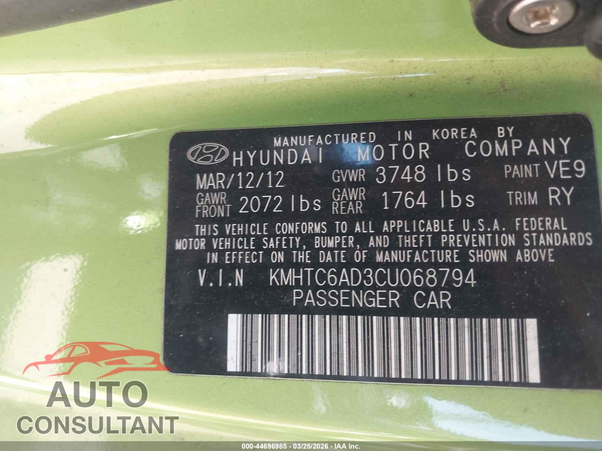 HYUNDAI VELOSTER 2012 - KMHTC6AD3CU068794
