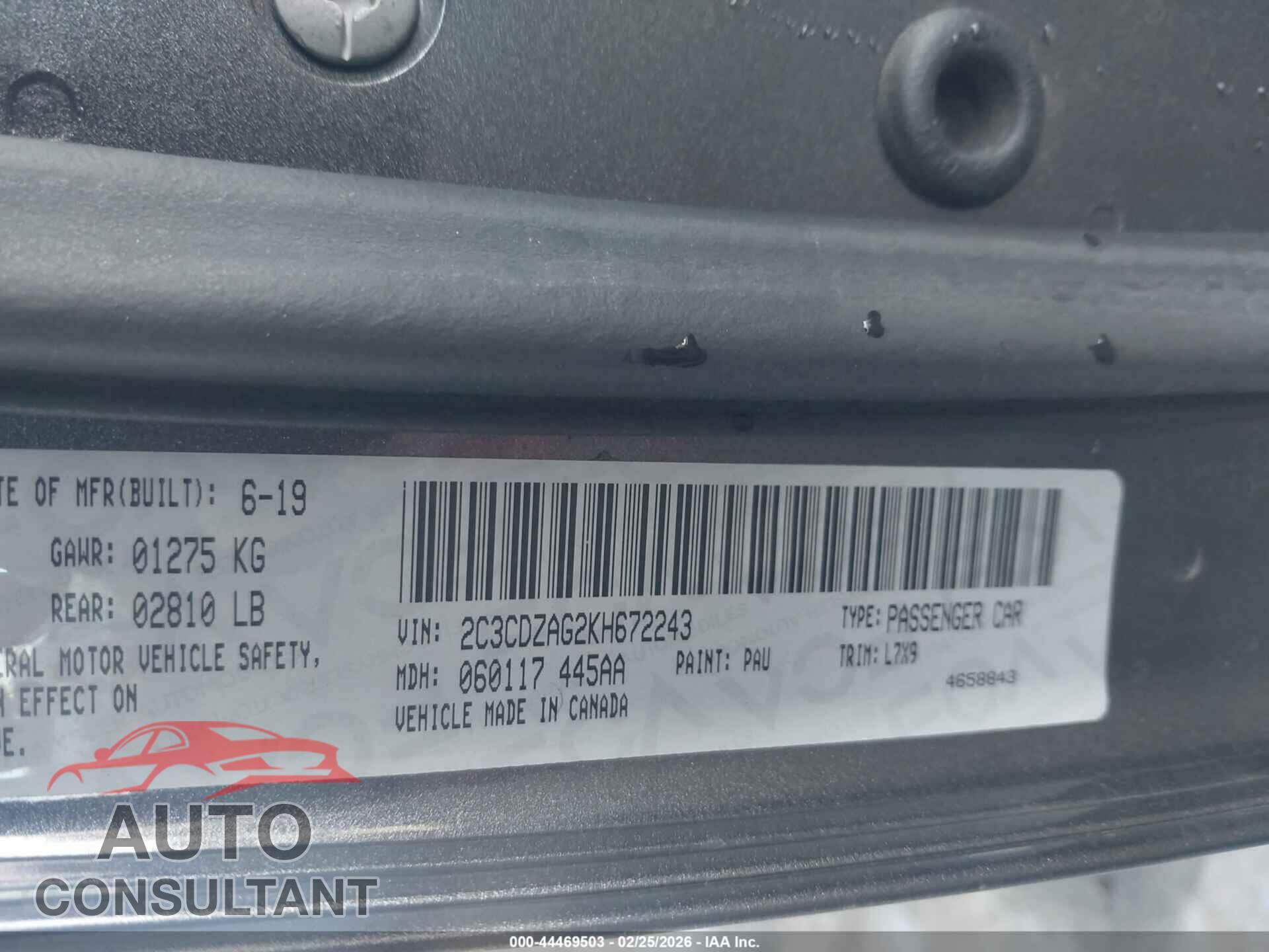 DODGE CHALLENGER 2019 - 2C3CDZAG2KH672243